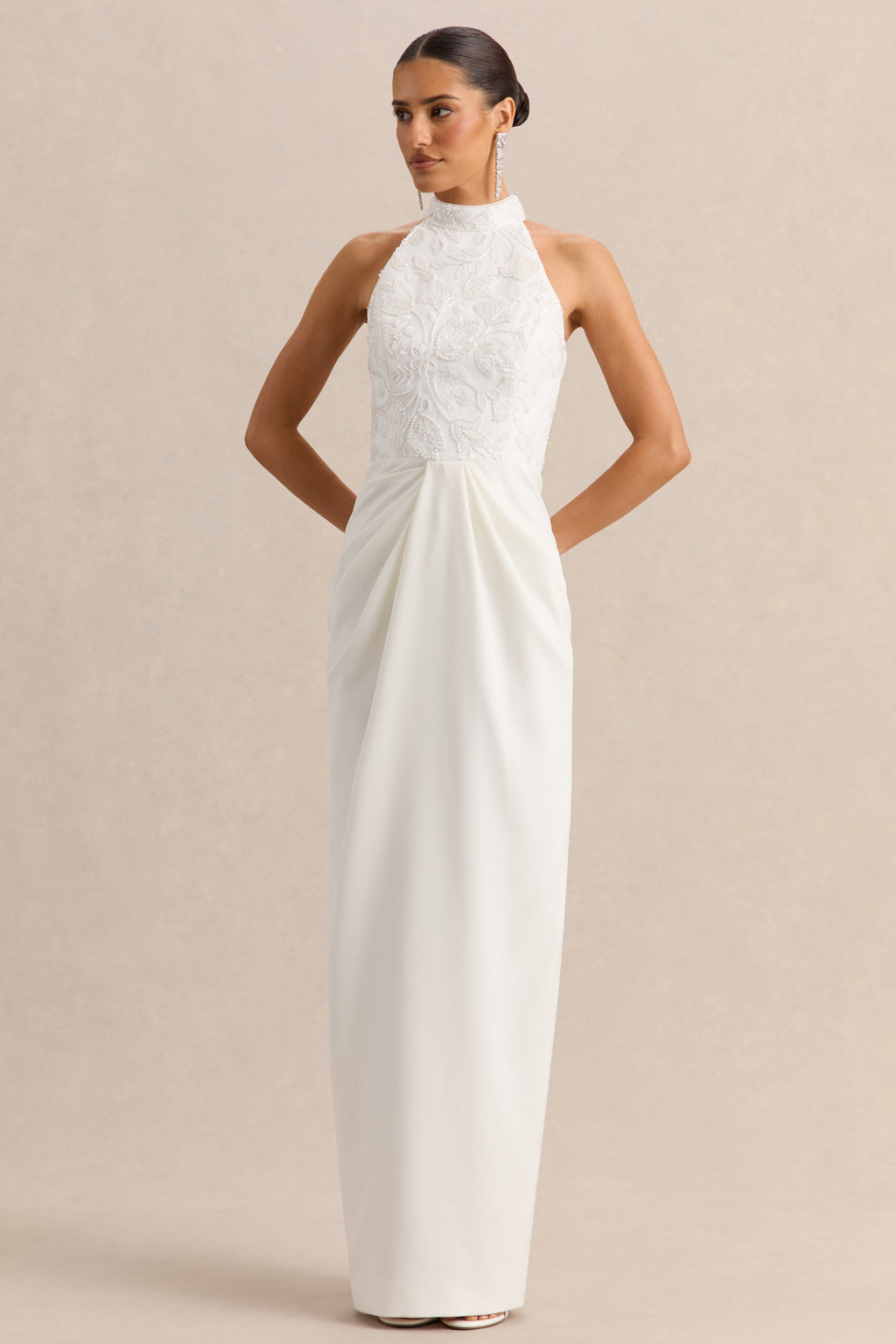 Charlotte | White Halter-Neck Maxi Dress With Gathered-Detailing