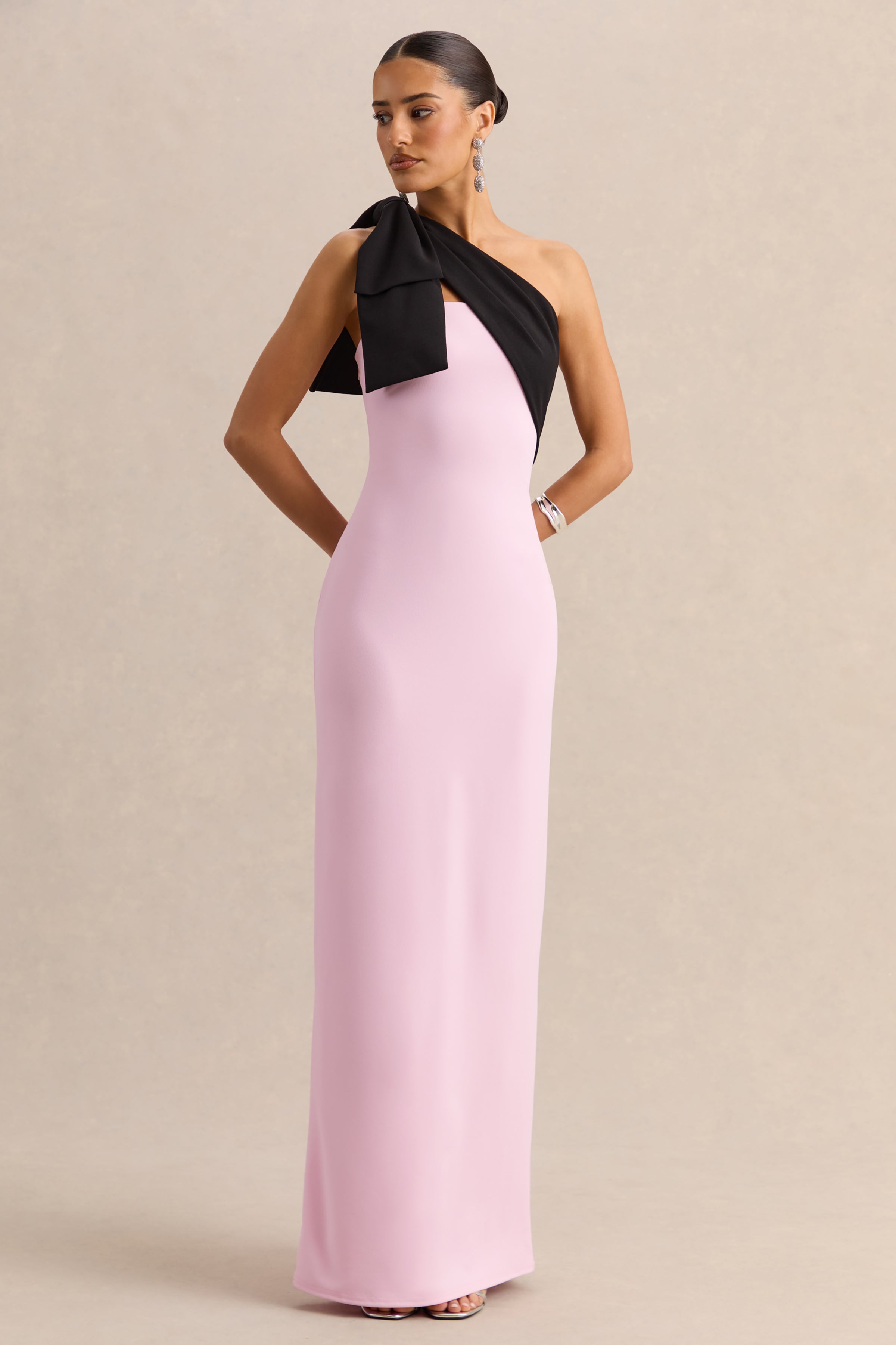 Adara | Pink & Black Asymmetric-Neck Maxi Dress With Bow-Detail