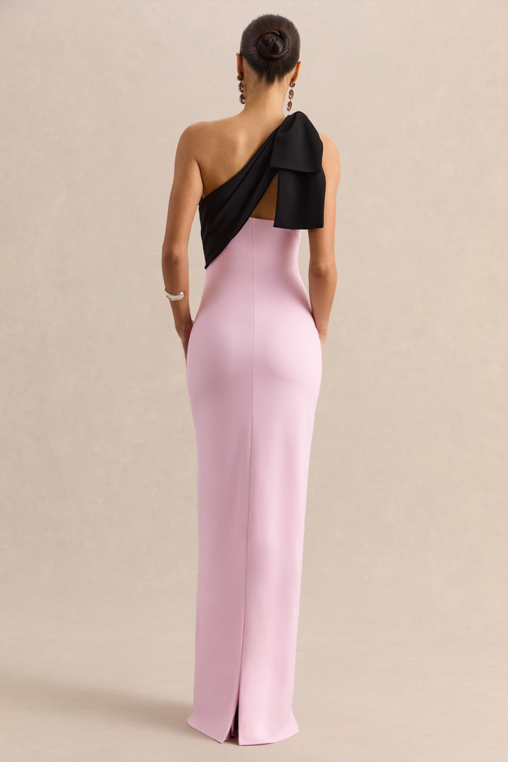Adara | Pink & Black Asymmetric-Neck Maxi Dress With Bow-Detail