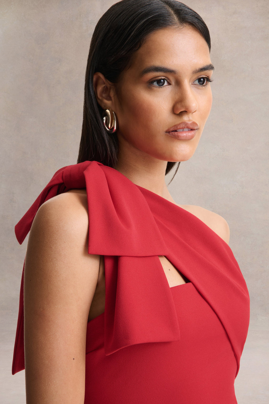 Adara | Red Asymmetric-Neck Maxi Dress With Bow-Detail