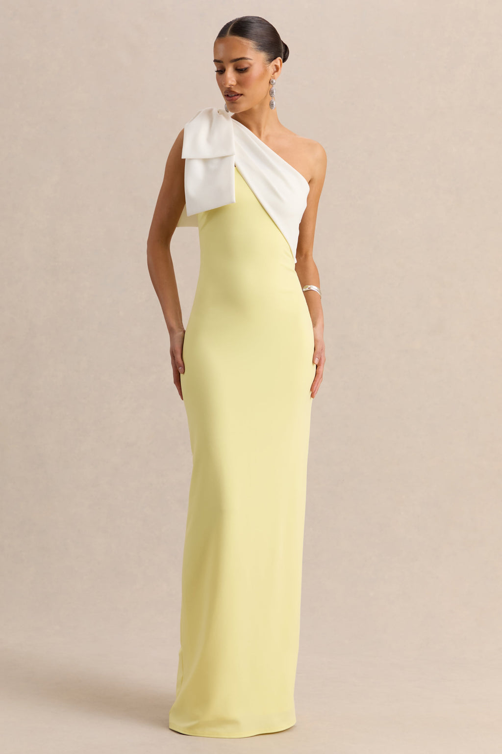 Adara | Lemon & White Asymmetric-Neck Maxi Dress With Bow-Detail
