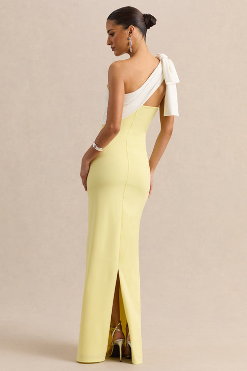 Adara | Lemon & White Asymmetric-Neck Maxi Dress With Bow-Detail
