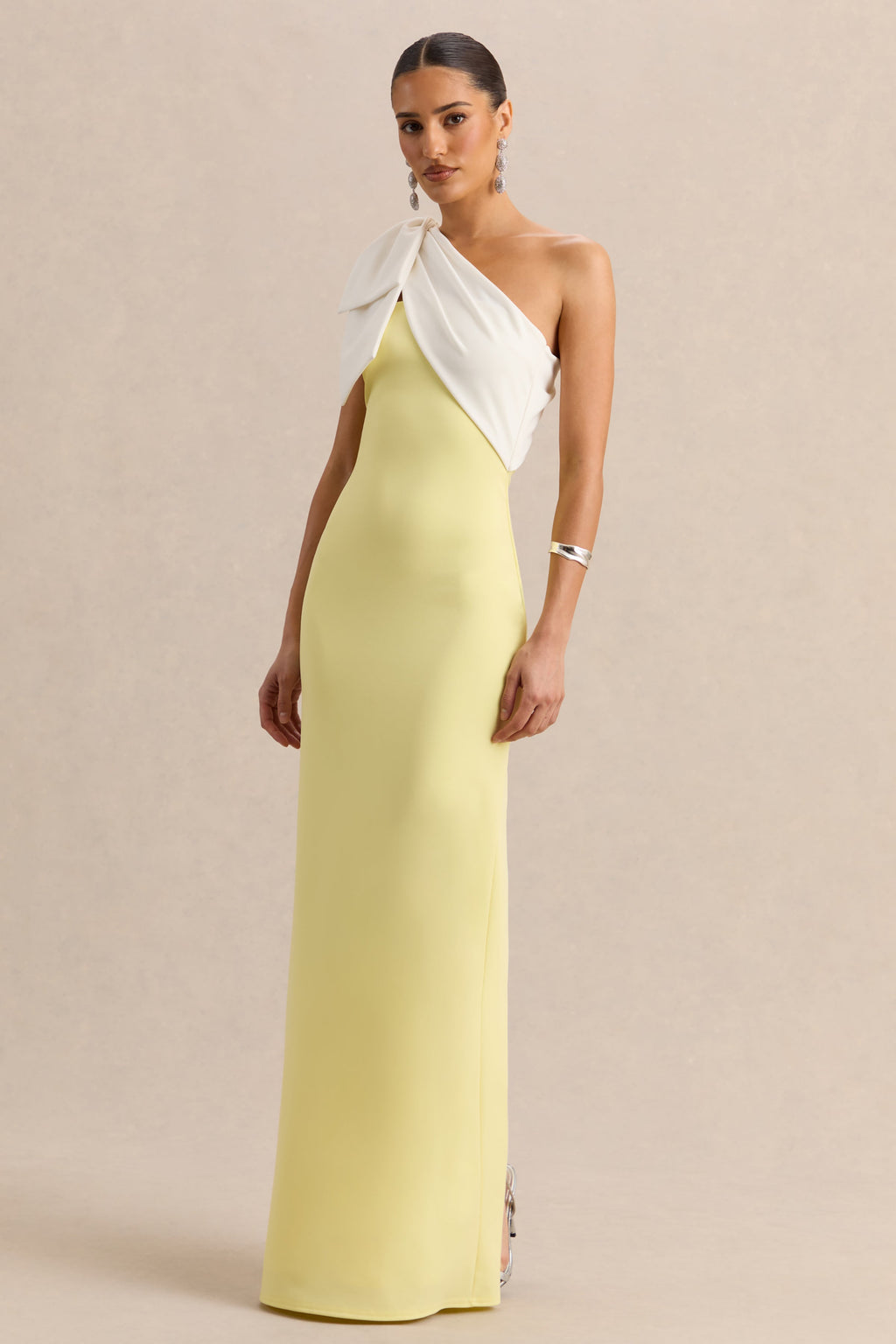 Adara | Lemon & White Asymmetric-Neck Maxi Dress With Bow-Detail