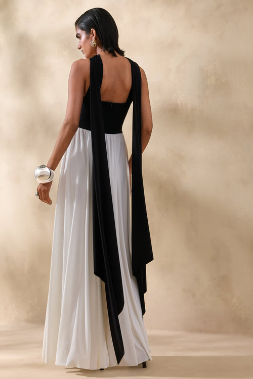 Beamora | Black & White Bandeau Maxi Dress With Cape