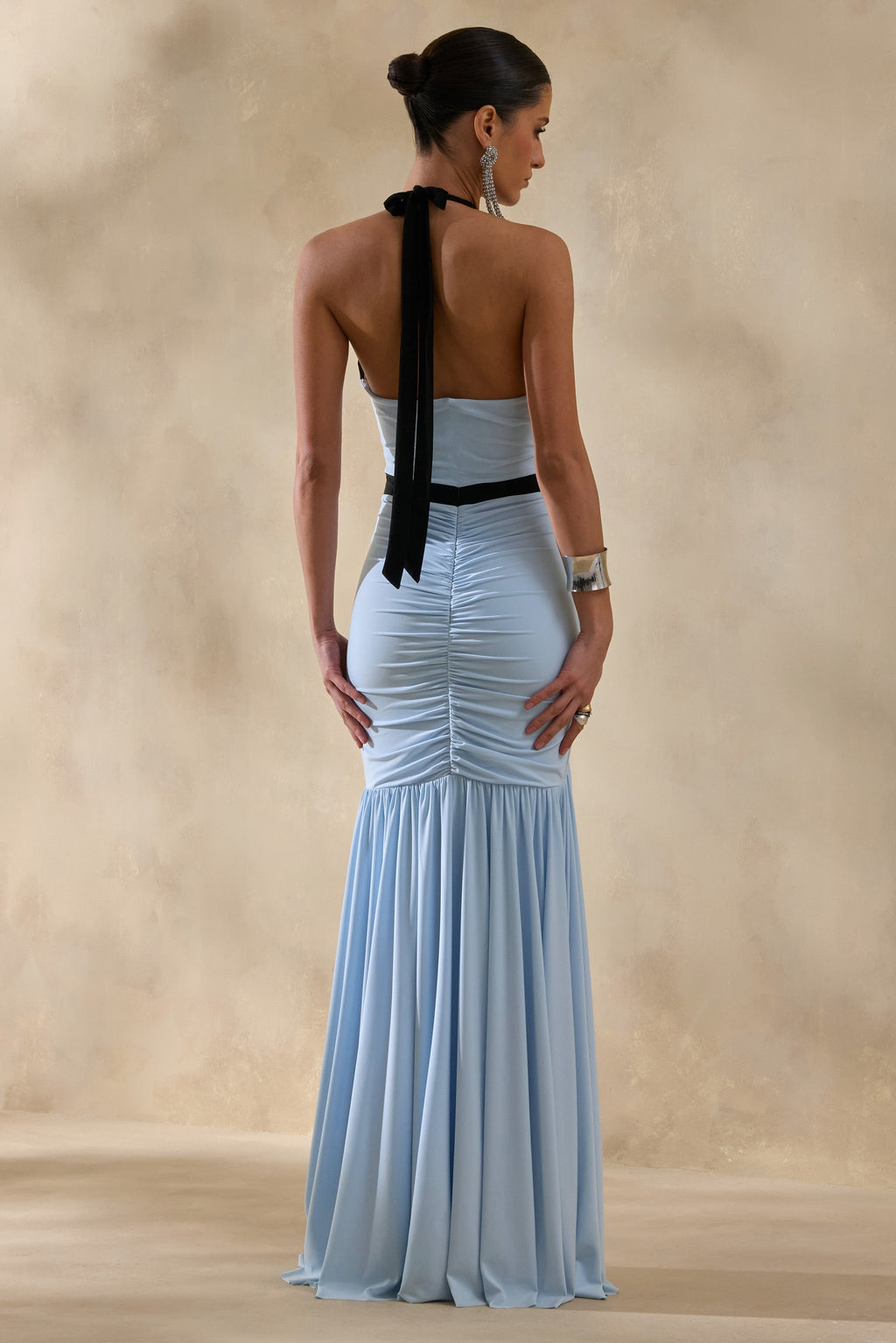 Cosmina | Powder Blue Plunge-Neck Maxi Dress With Bow-Detail