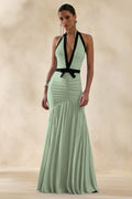 Cosmina | Mint Plunge-Neck Maxi Dress With Bow-Detail