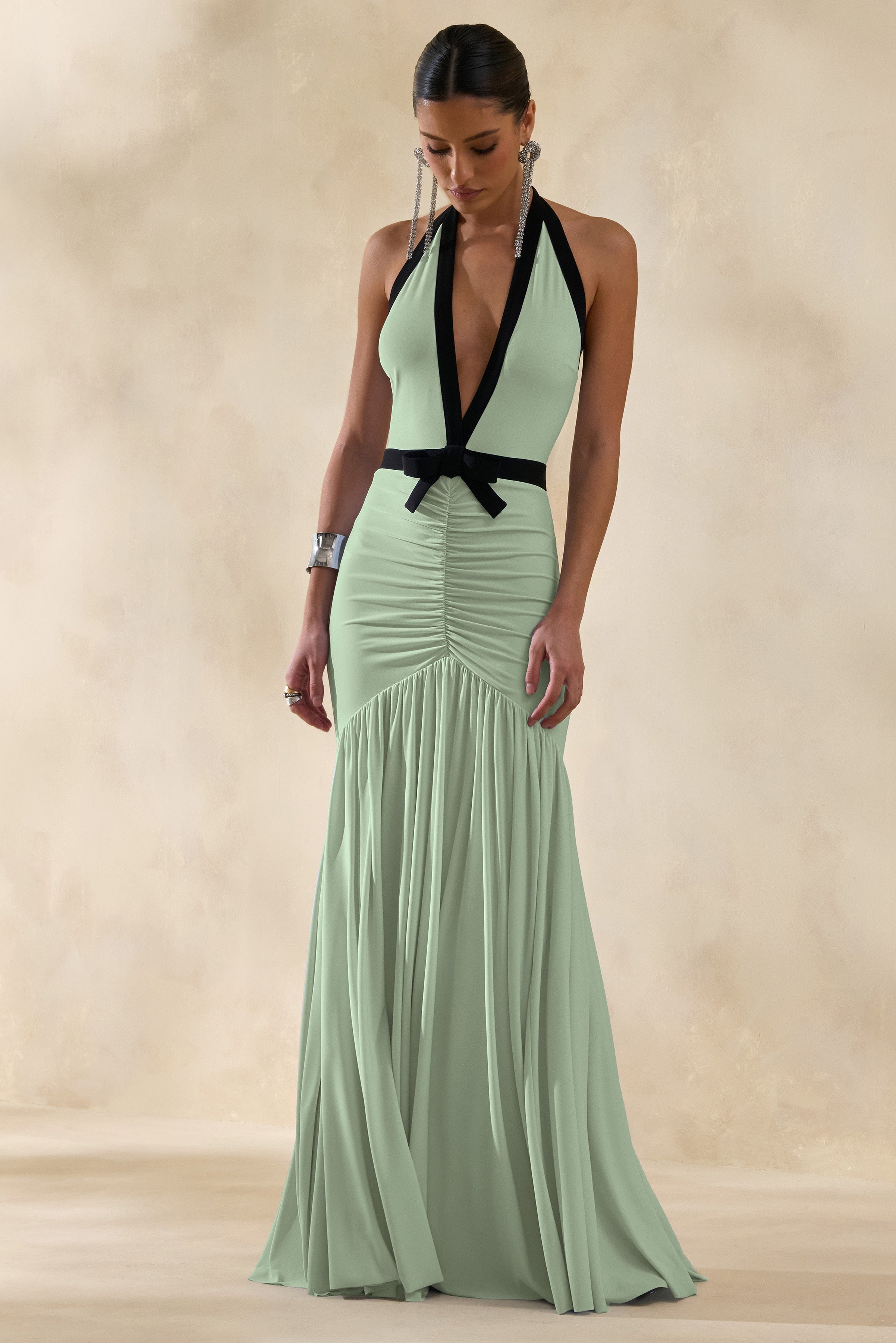 Cosmina | Mint Plunge-Neck Maxi Dress With Bow-Detail