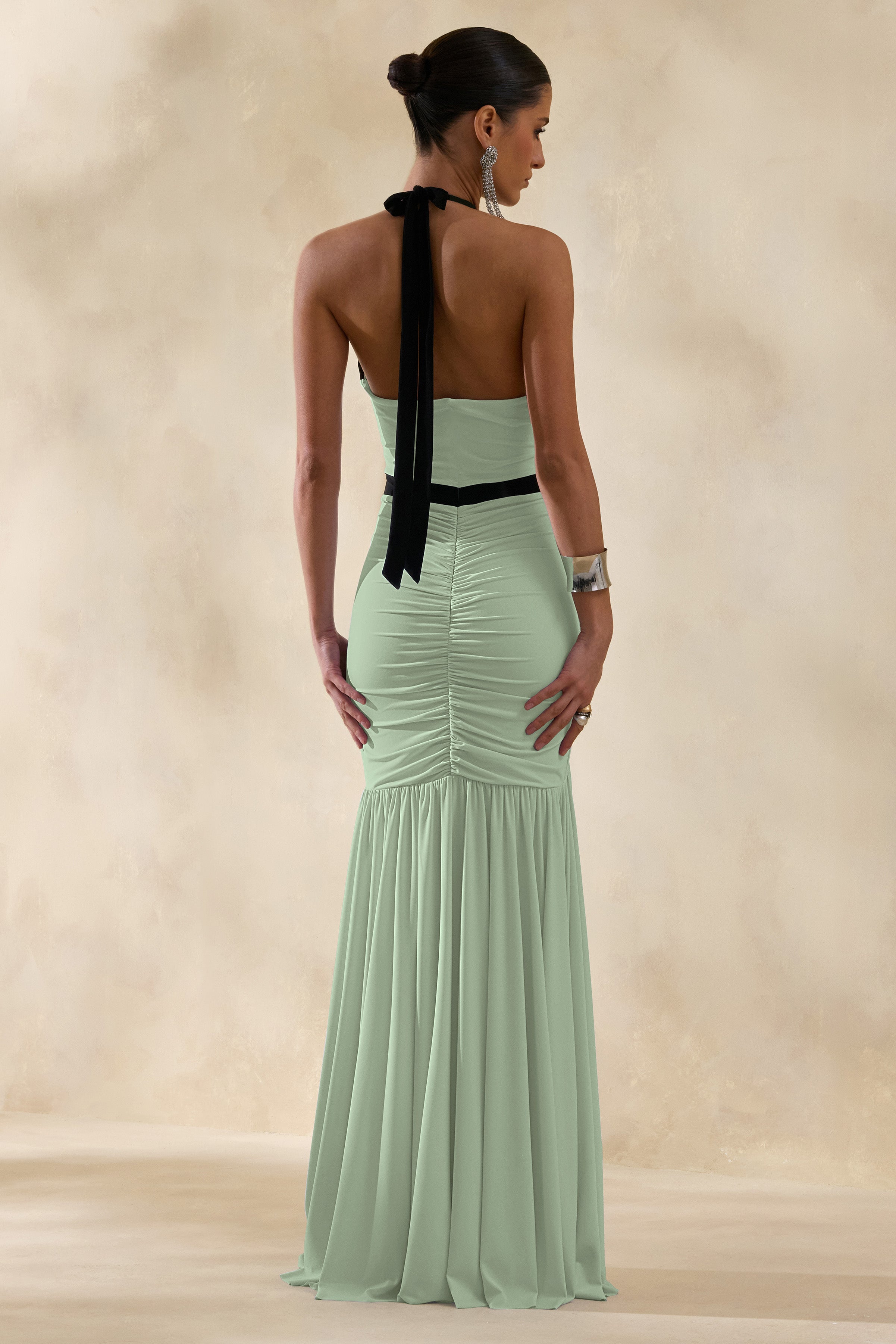 Cosmina | Mint Plunge-Neck Maxi Dress With Bow-Detail