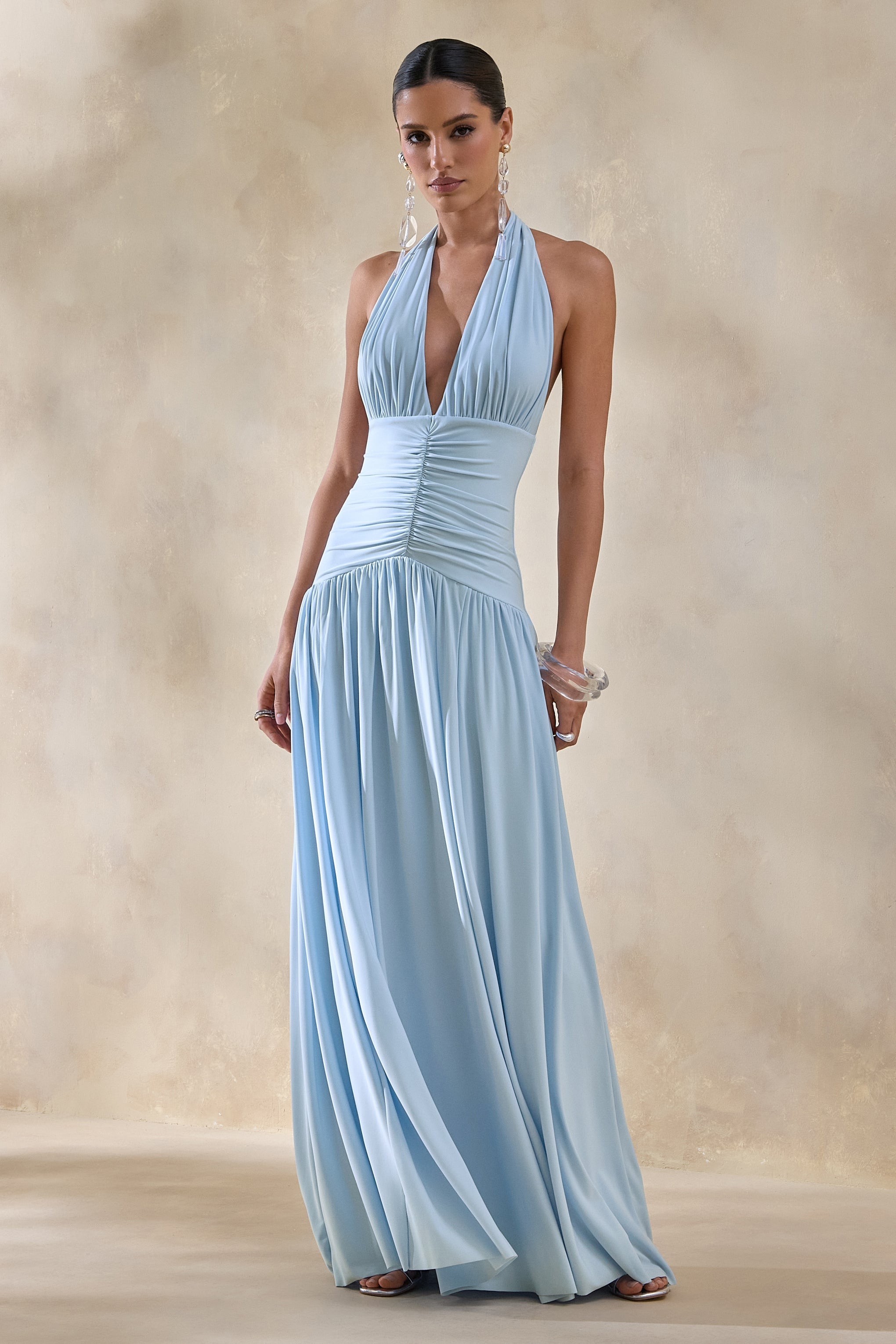 Bettina | Powder-Blue Plunge-Neck Maxi Dress With Gathered-Detailing
