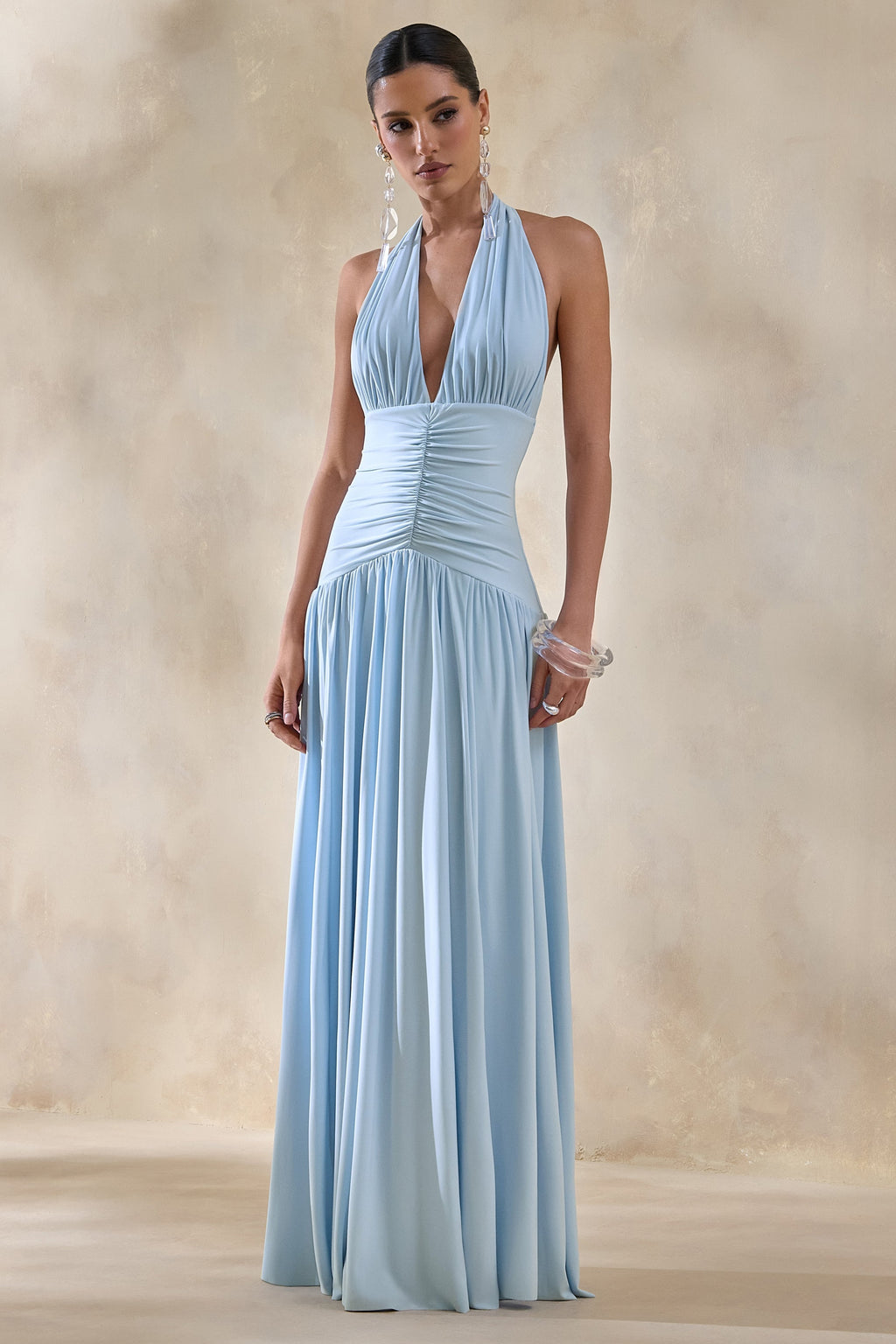 Bettina | Powder-Blue Plunge-Neck Maxi Dress With Gathered-Detailing