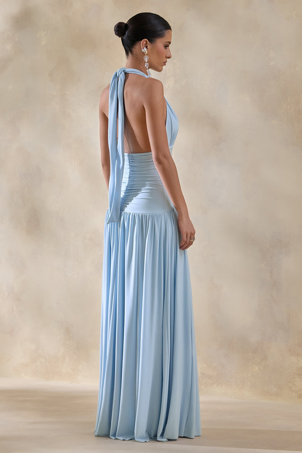 Bettina | Powder-Blue Plunge-Neck Maxi Dress With Gathered-Detailing