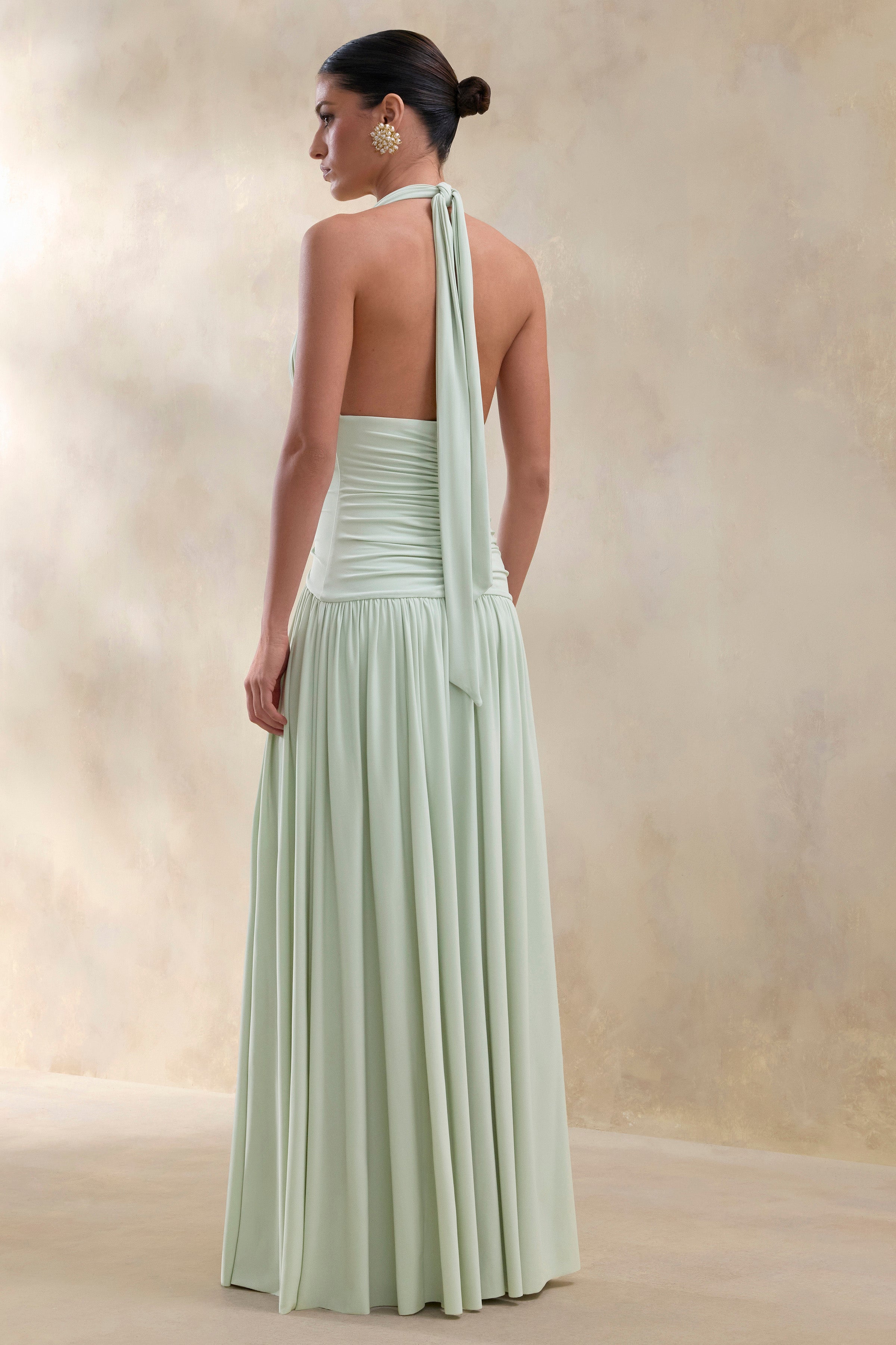 Bettina | Sage Plunge-Neck Maxi Dress With Gathered-Detailing
