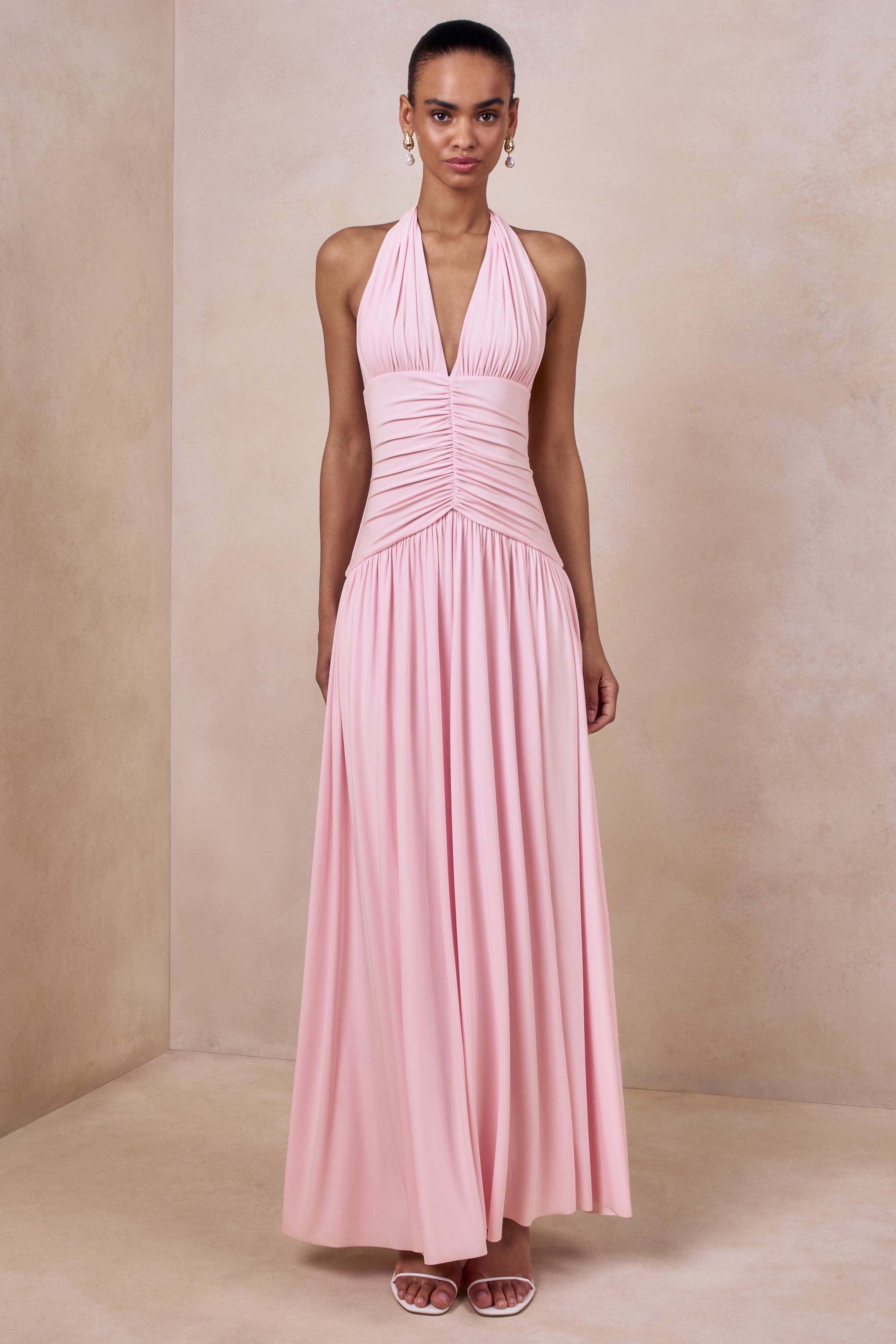 Bettina | Pink Plunge-Neck Maxi Dress With Gathered-Detailing