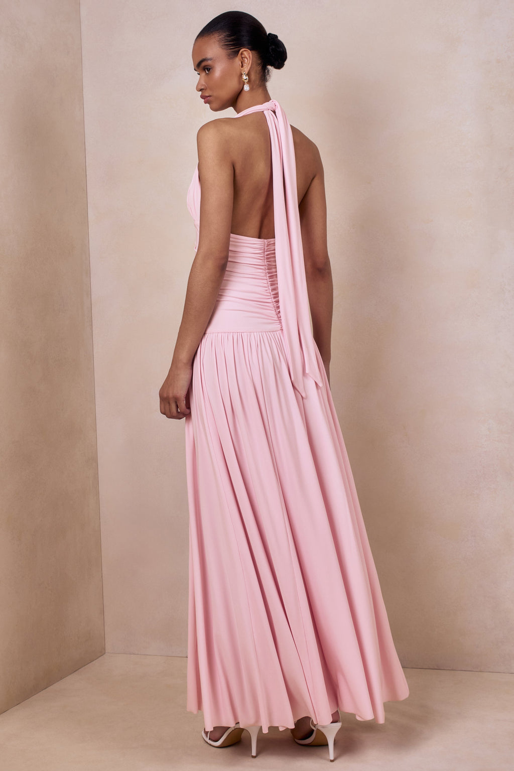 Bettina | Pink Plunge-Neck Maxi Dress With Gathered-Detailing