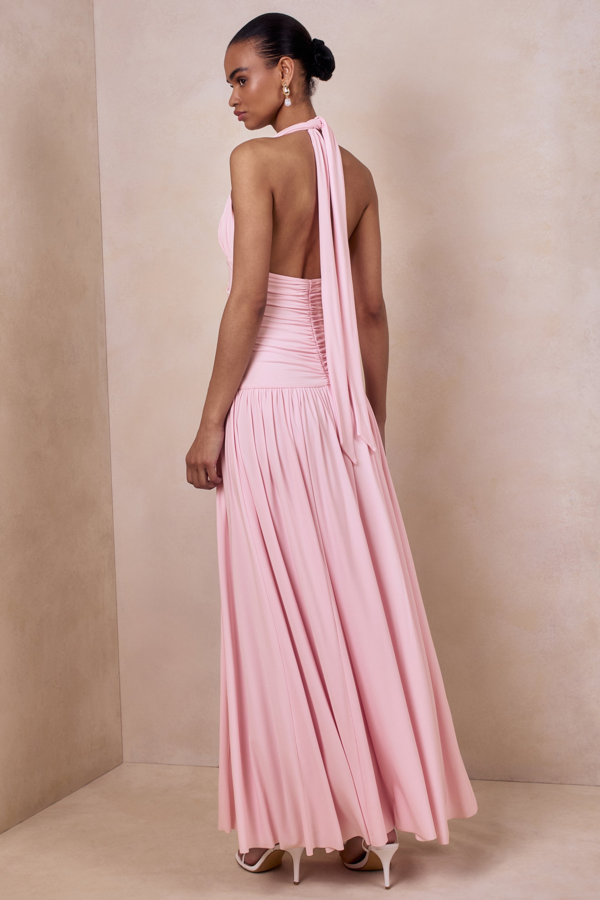 Bettina | Pink Plunge-Neck Maxi Dress With Gathered-Detailing