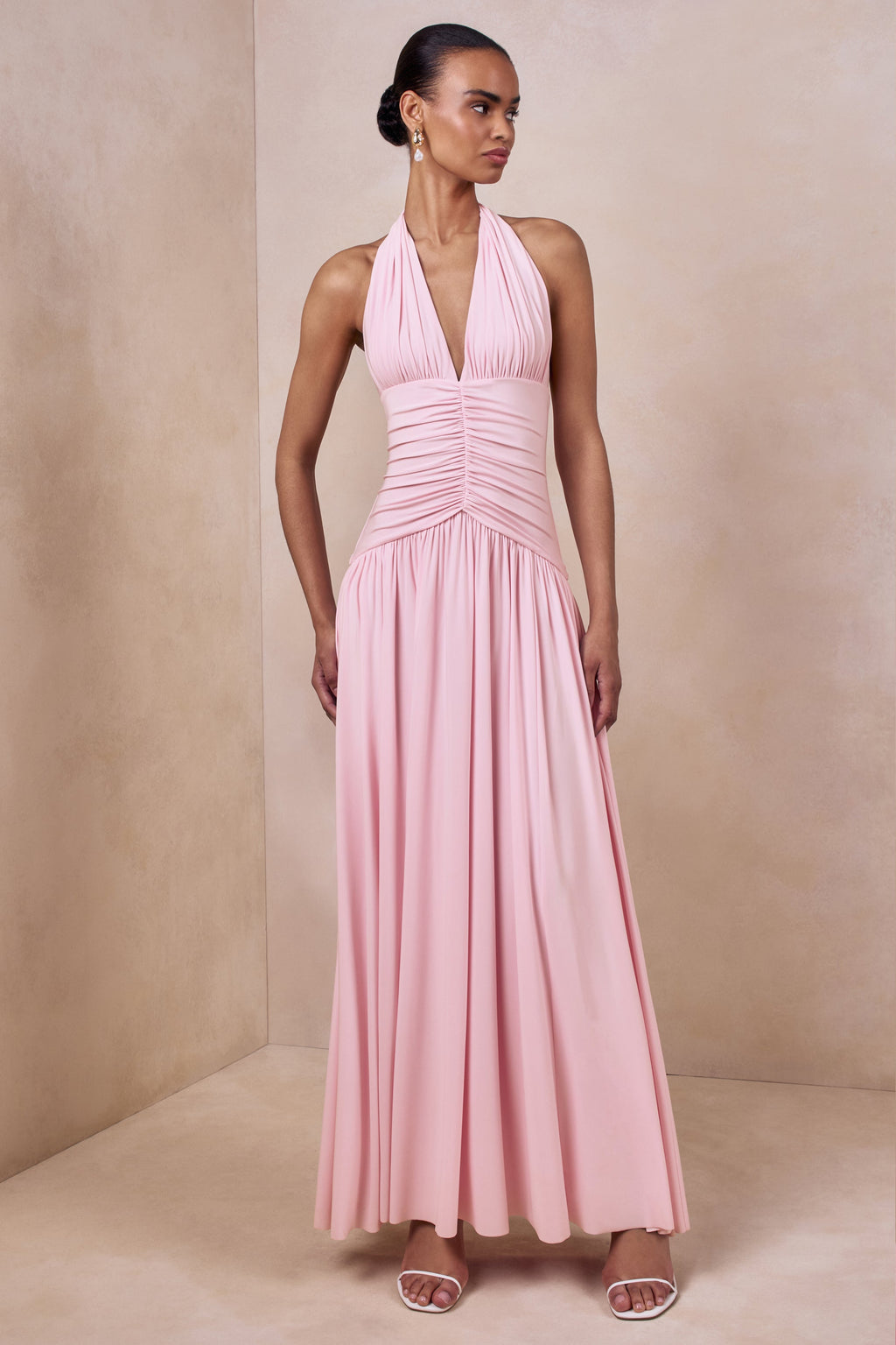 Bettina | Pink Plunge-Neck Maxi Dress With Gathered-Detailing