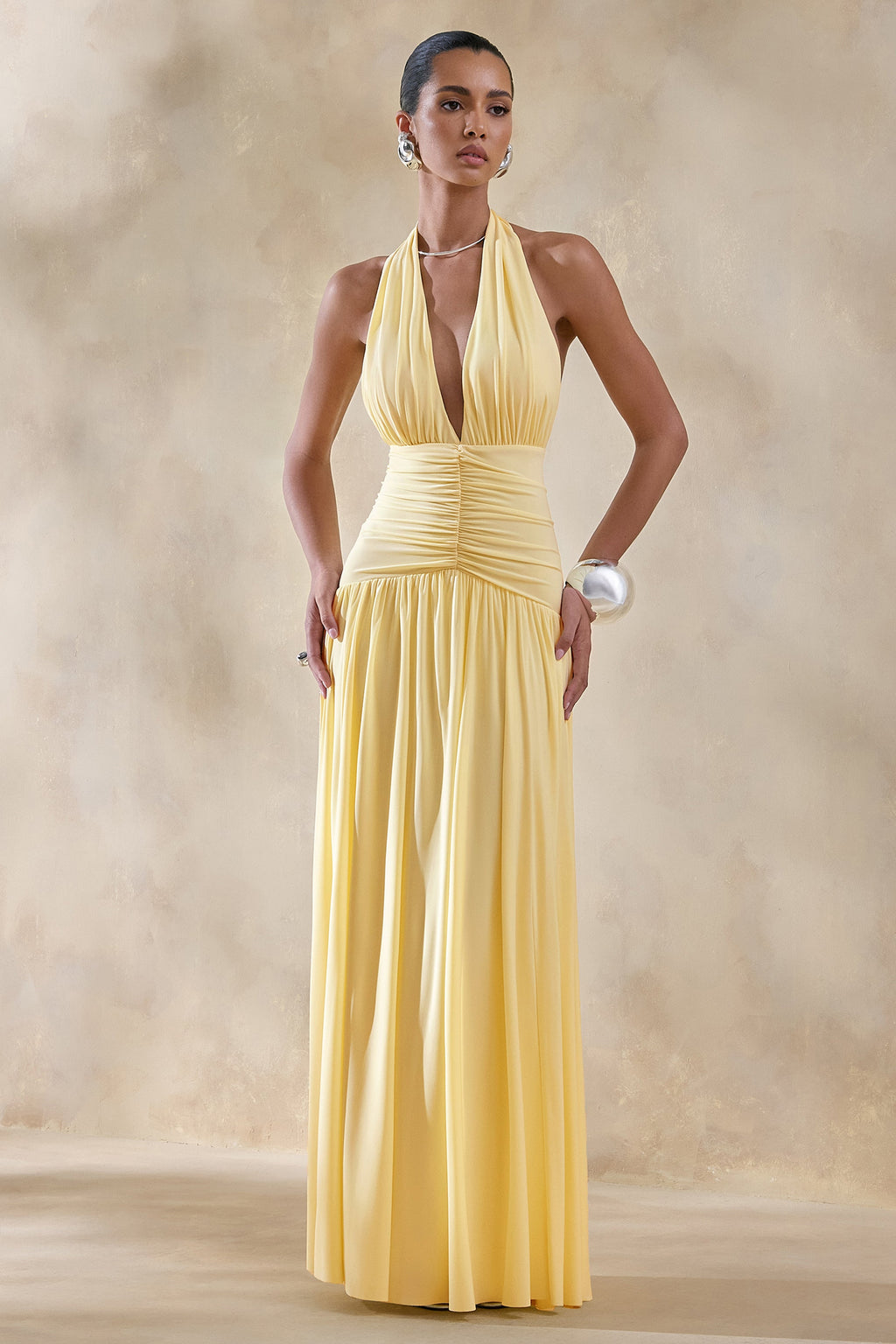Bettina | Lemon Plunge-Neck Maxi Dress With Gathered-Detailing