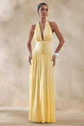 Bettina | Lemon Plunge-Neck Maxi Dress With Gathered-Detailing