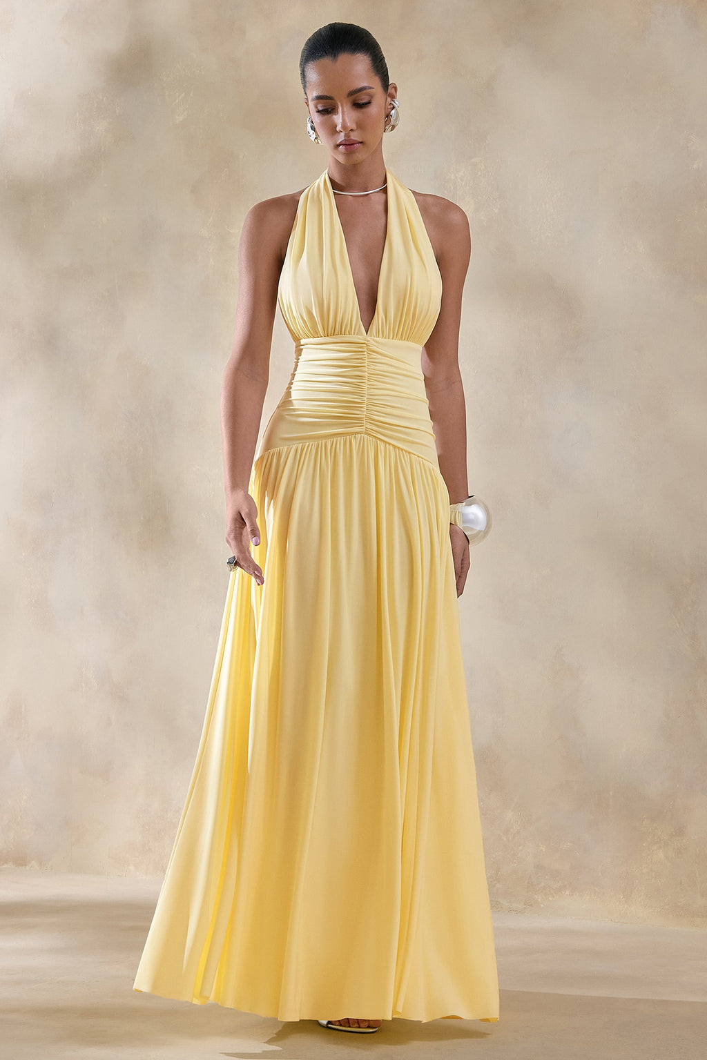 Bettina | Lemon Plunge-Neck Maxi Dress With Gathered-Detailing