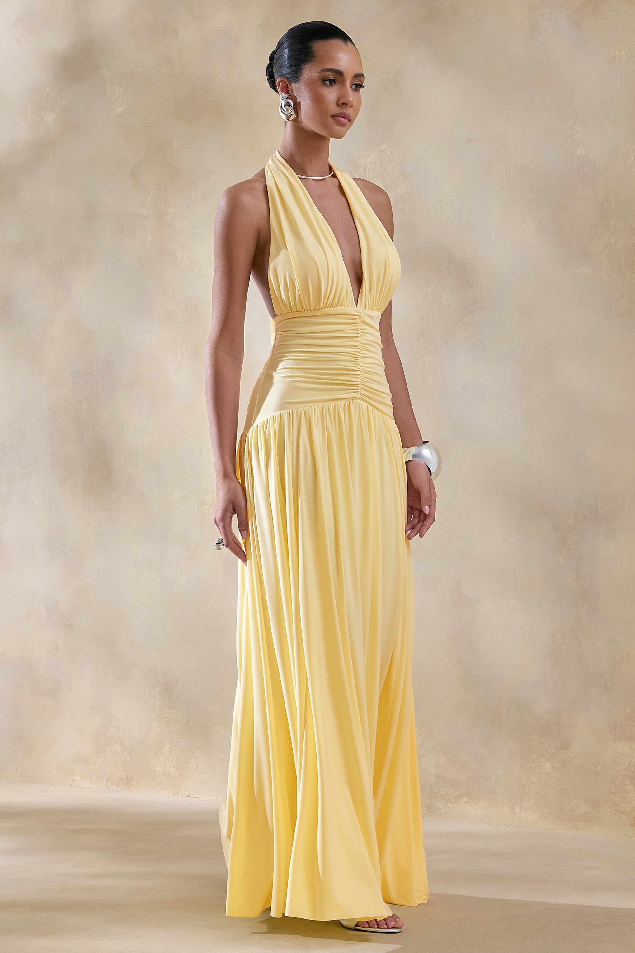 Bettina | Lemon Plunge-Neck Maxi Dress With Gathered-Detailing