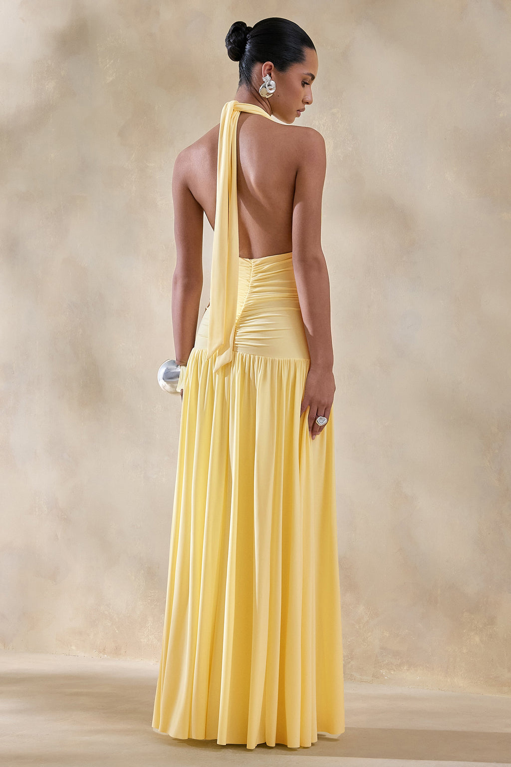 Bettina | Lemon Plunge-Neck Maxi Dress With Gathered-Detailing