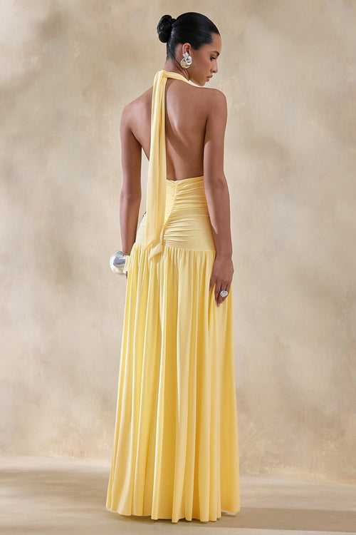 Bettina | Lemon Plunge-Neck Maxi Dress With Gathered-Detailing