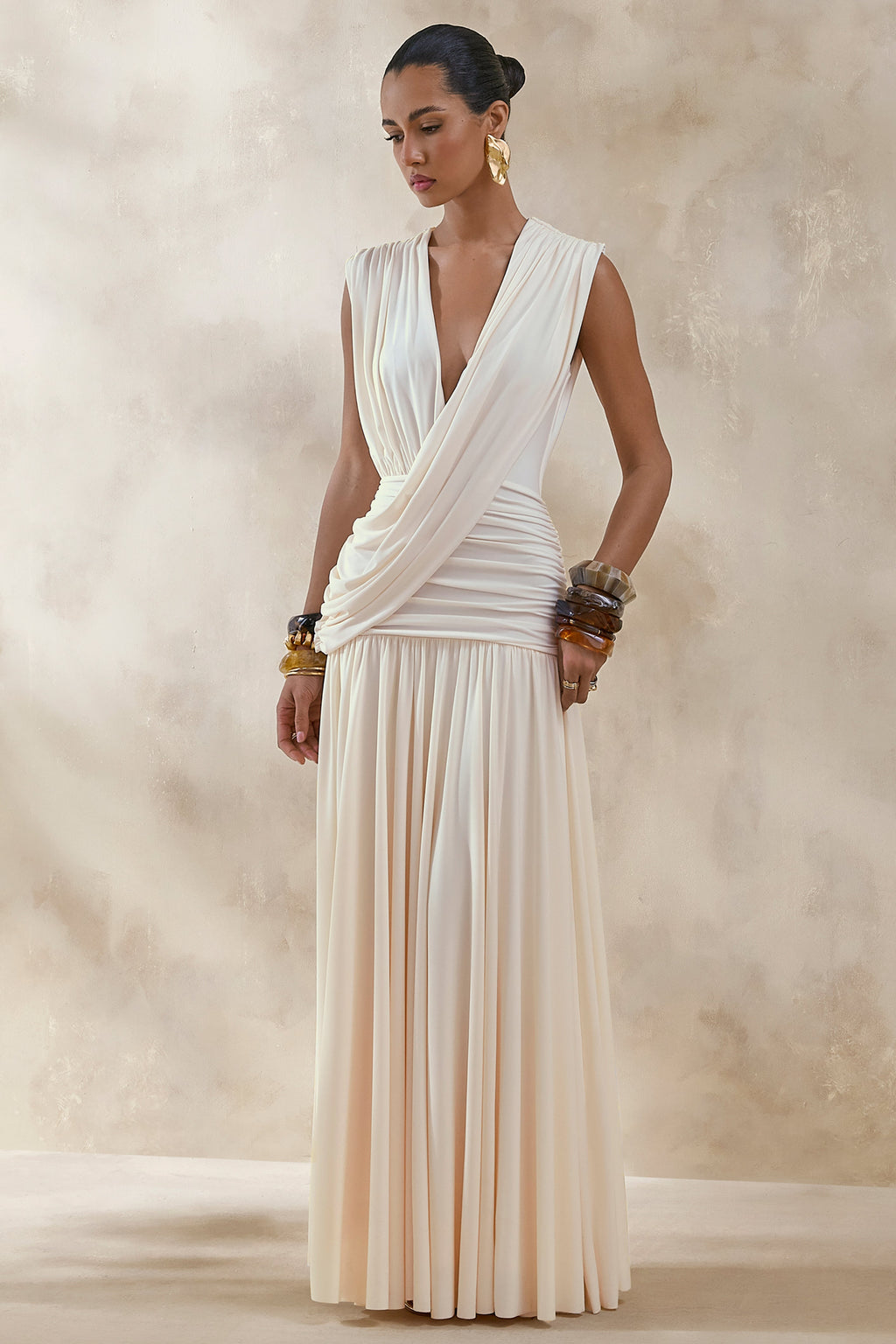 Glorina | Cream Plunge-Neck Maxi Dress With Draped-Detailing
