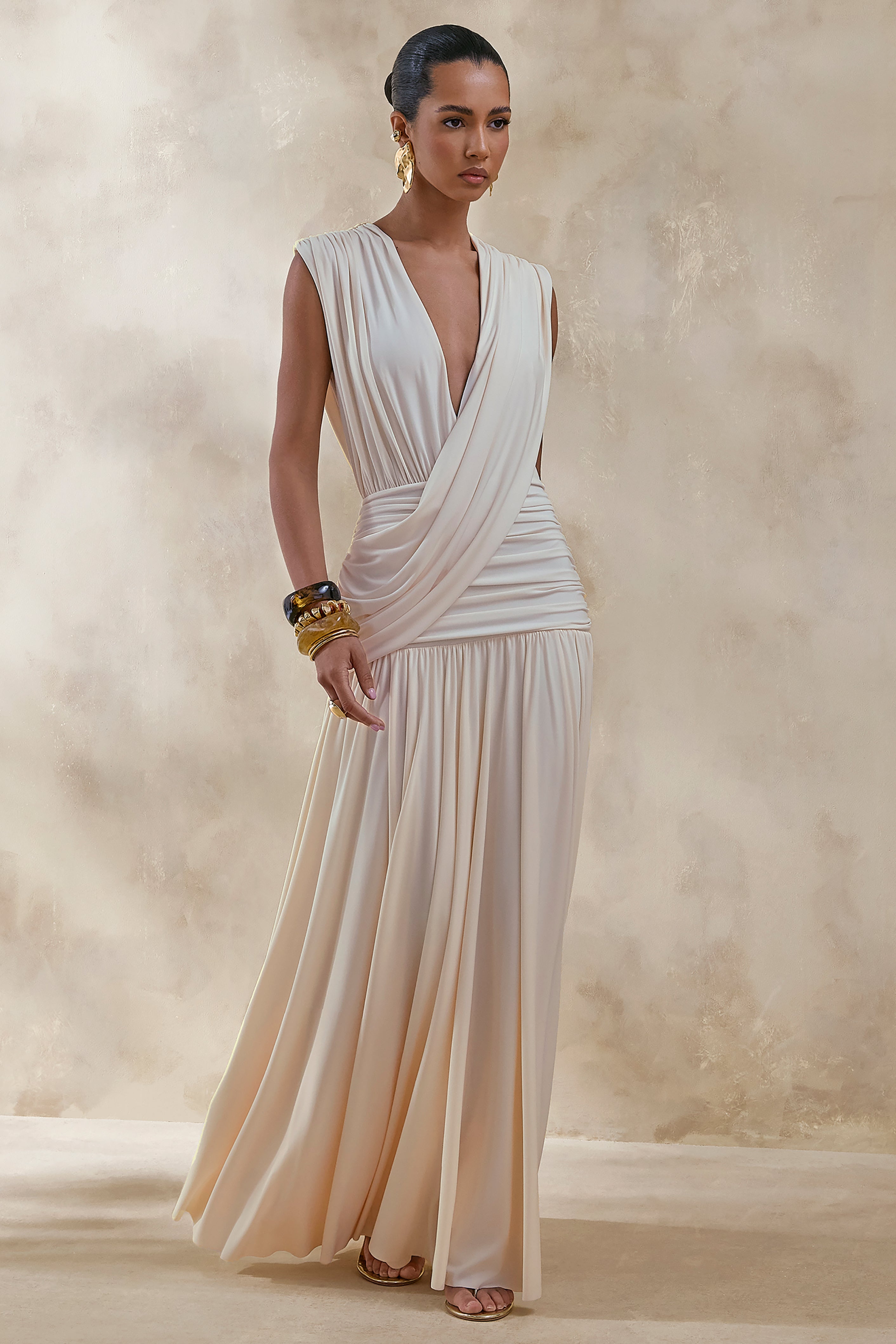 Glorina | Cream Plunge-Neck Maxi Dress With Draped-Detailing