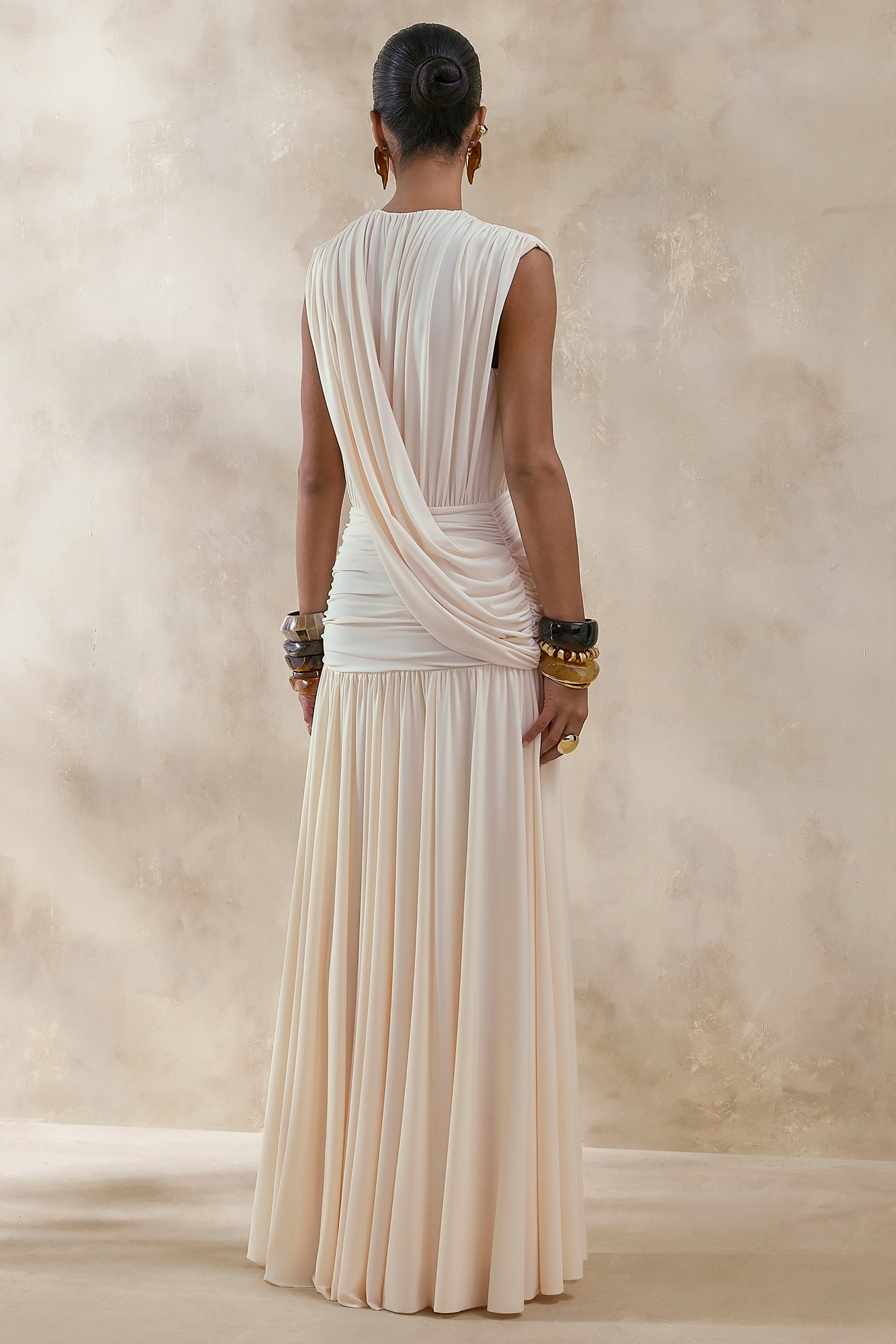 Glorina | Cream Plunge-Neck Maxi Dress With Draped-Detailing