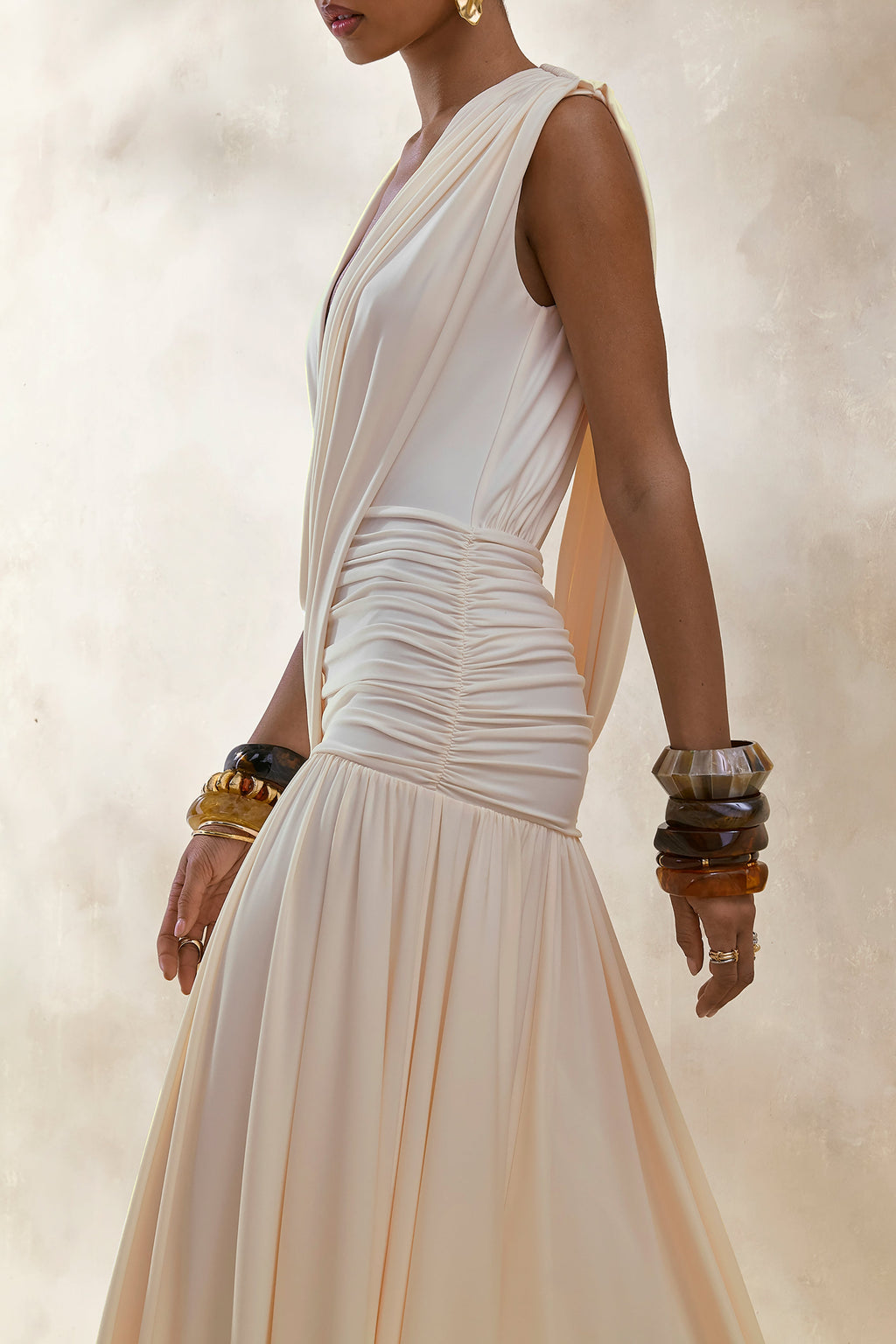 Glorina | Cream Plunge-Neck Maxi Dress With Draped-Detailing