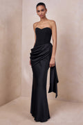 Nalira | Black Satin Bandeau Maxi Dress With Draped Skirt