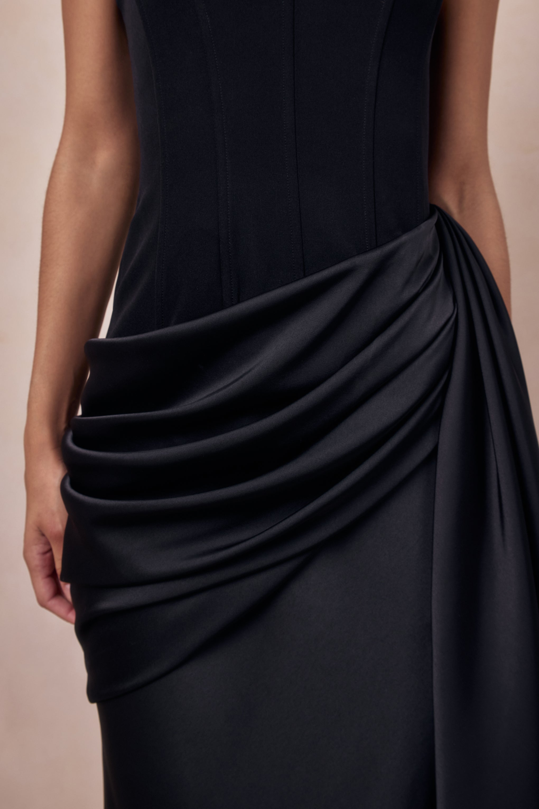 Nalira | Black Satin Bandeau Maxi Dress With Draped Skirt