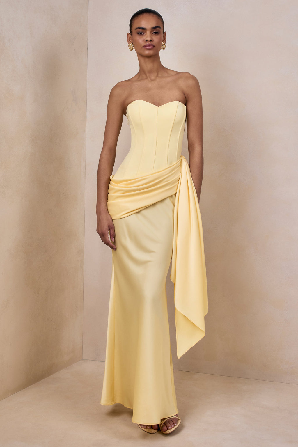 Nalira | Lemon Satin Bandeau Maxi Dress With Draped Skirt