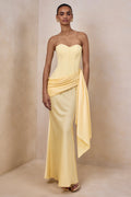 Nalira | Lemon Satin Bandeau Maxi Dress With Draped Skirt