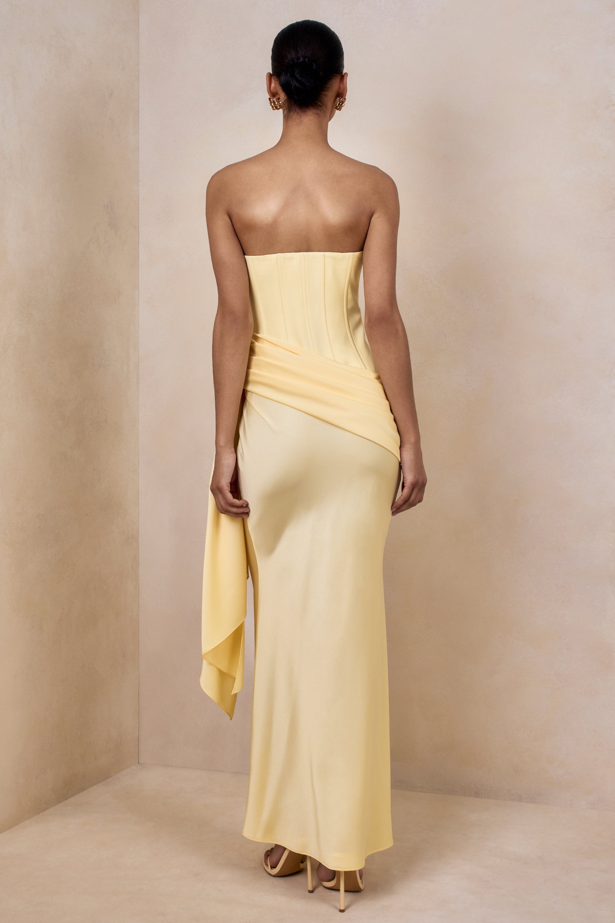 Nalira | Lemon Satin Bandeau Maxi Dress With Draped Skirt