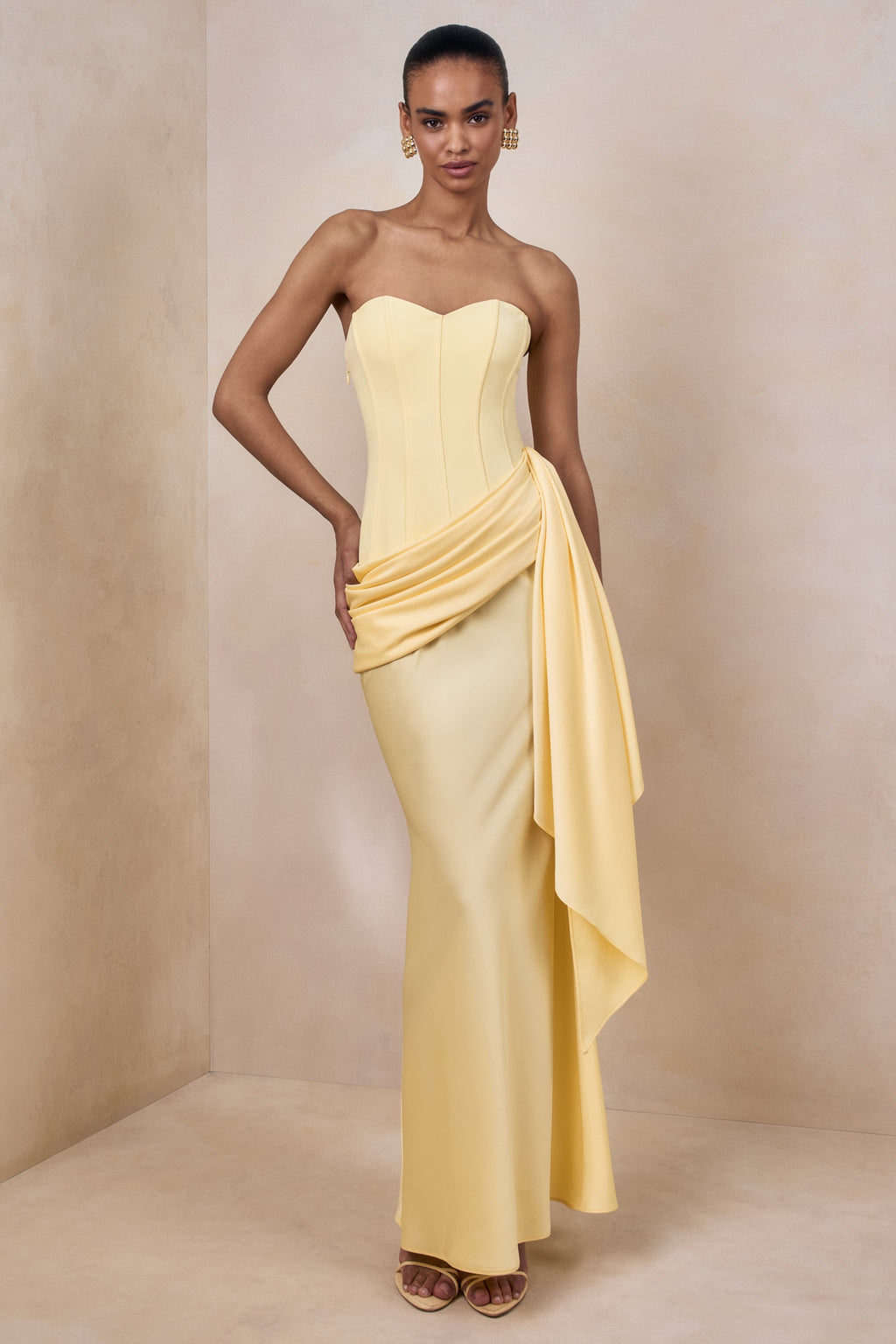 Nalira | Lemon Satin Bandeau Maxi Dress With Draped Skirt