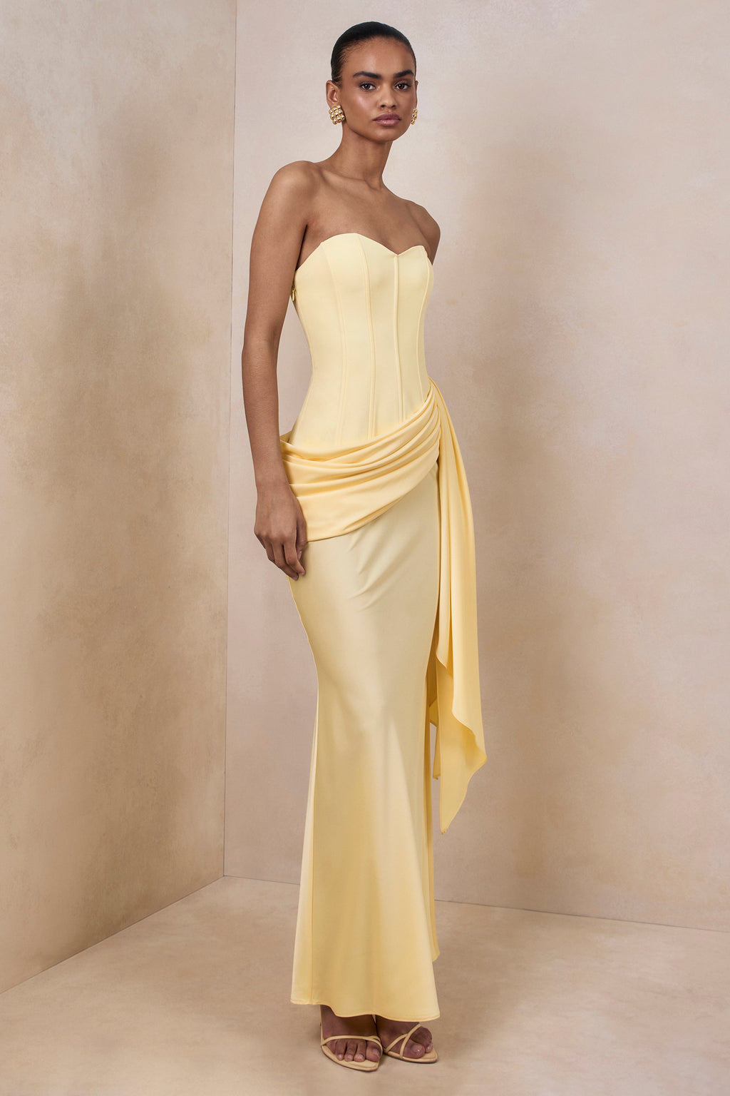 Nalira | Lemon Satin Bandeau Maxi Dress With Draped Skirt