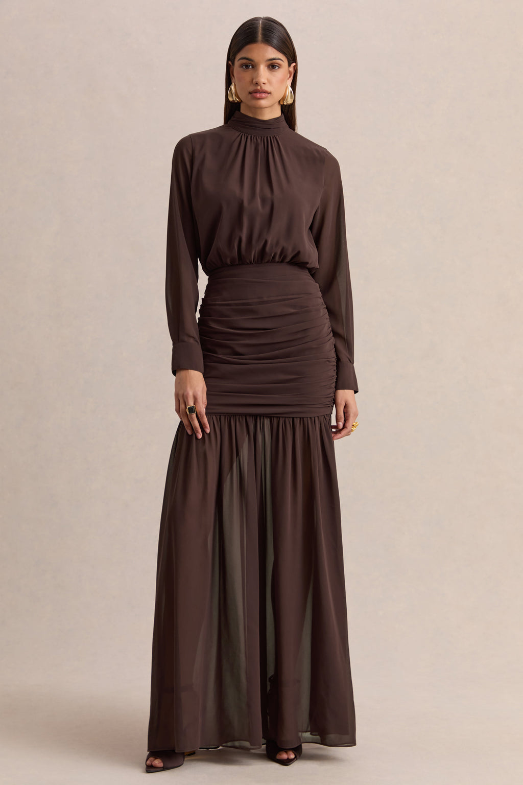 Zella | Brown High-Neck Maxi Dress With Sheer-Skirt