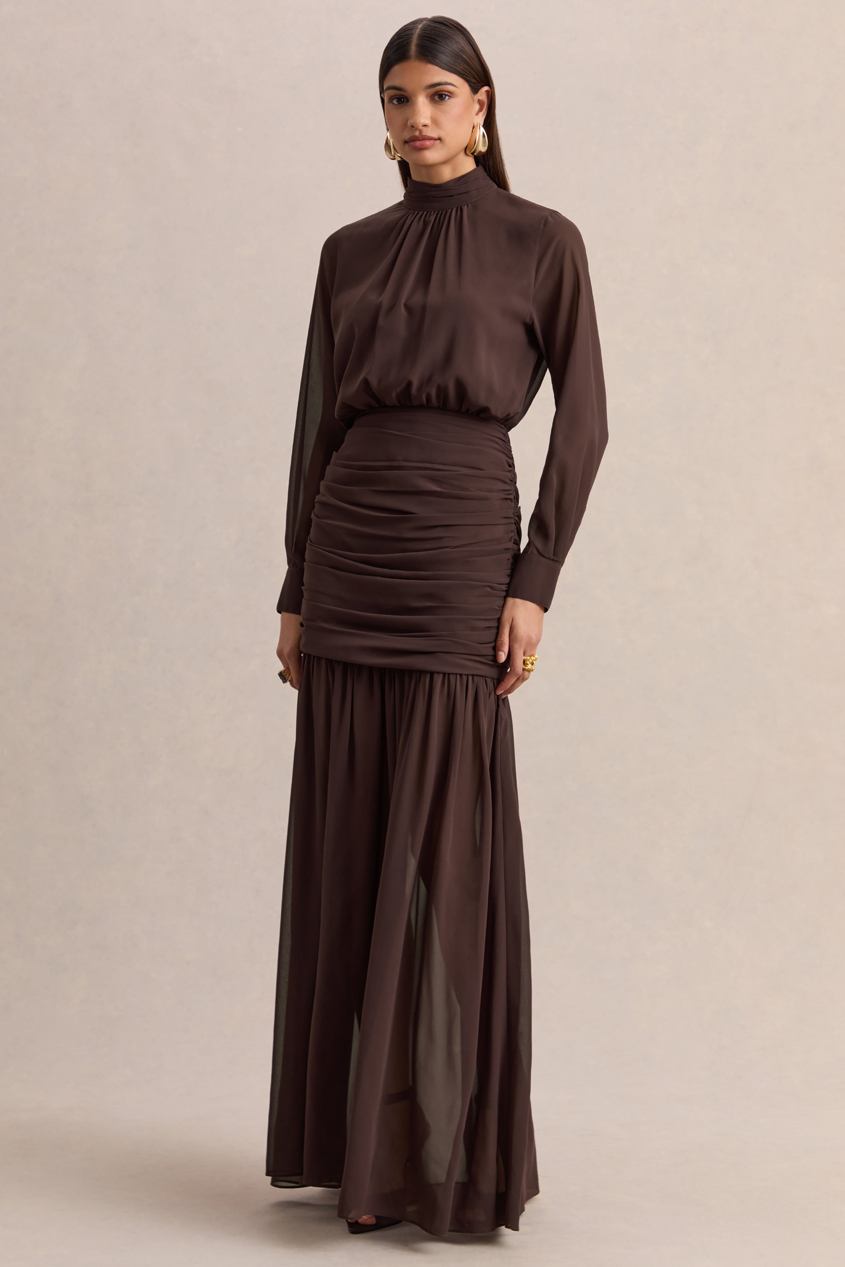 Zella | Brown High-Neck Maxi Dress With Sheer-Skirt