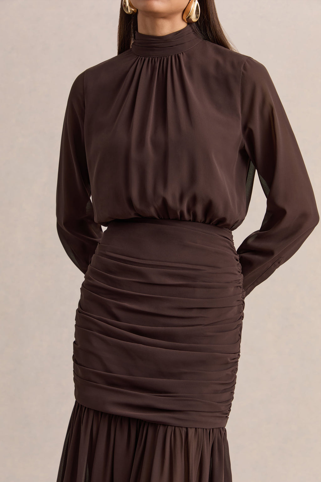 Zella | Brown High-Neck Maxi Dress With Sheer-Skirt