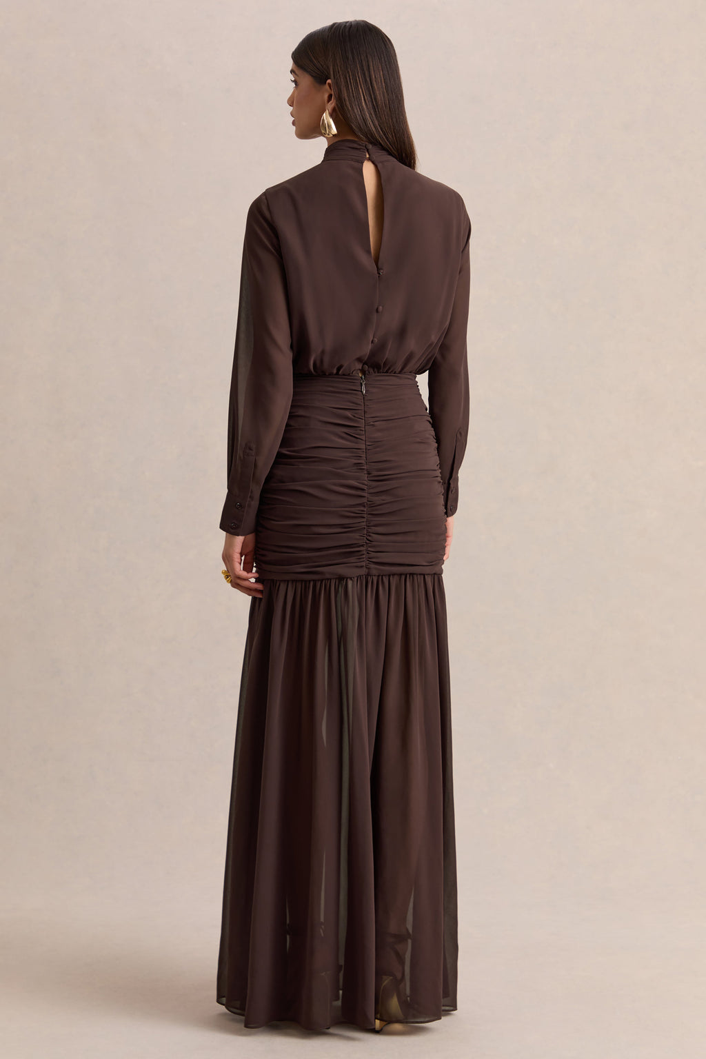 Zella | Brown High-Neck Maxi Dress With Sheer-Skirt