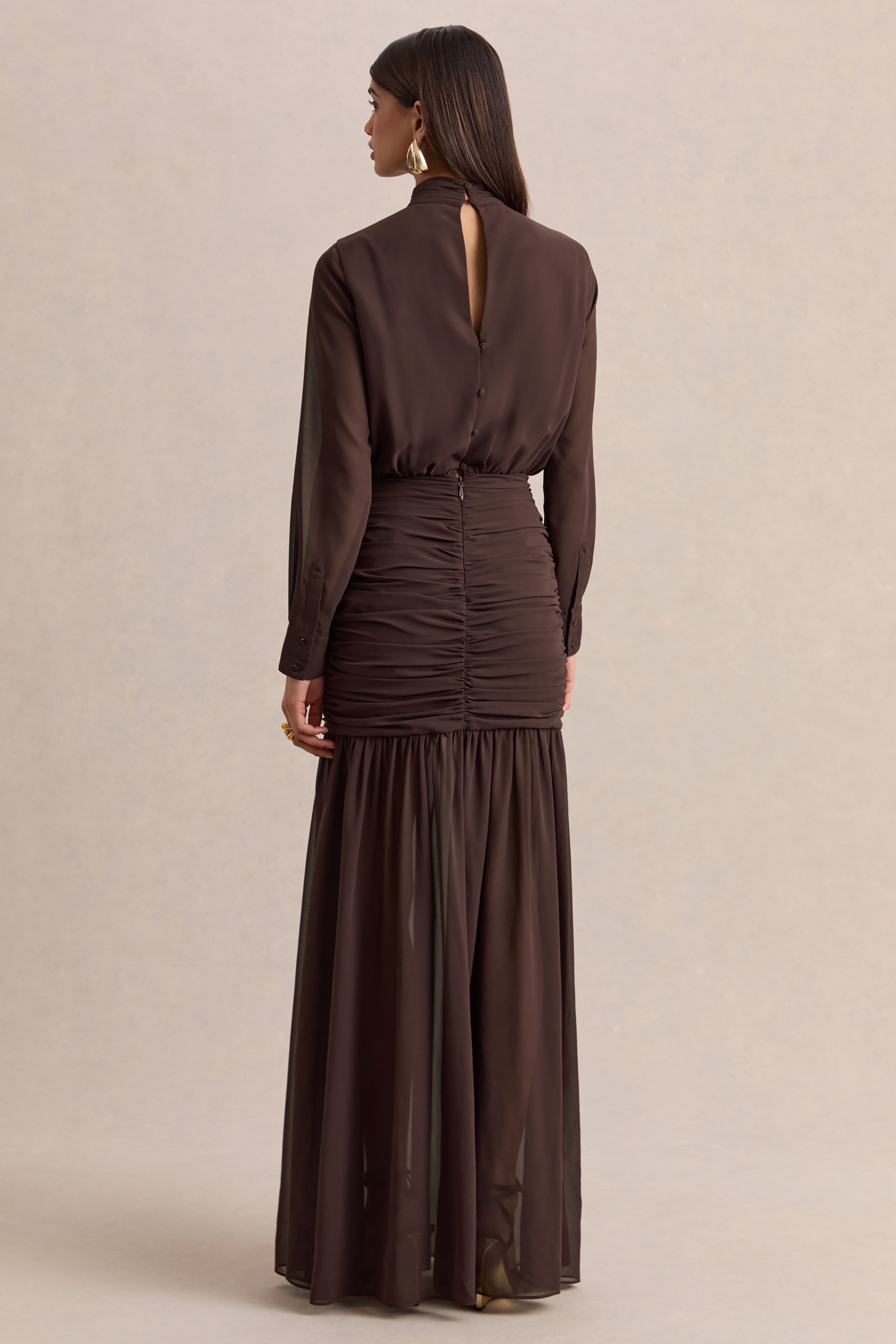 Zella | Brown High-Neck Maxi Dress With Sheer-Skirt