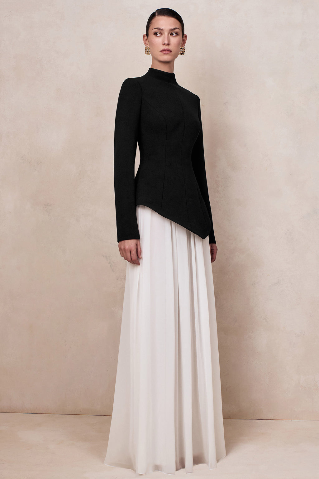 Halma | Black & White High-Neck Maxi Dress With Drop-Waist
