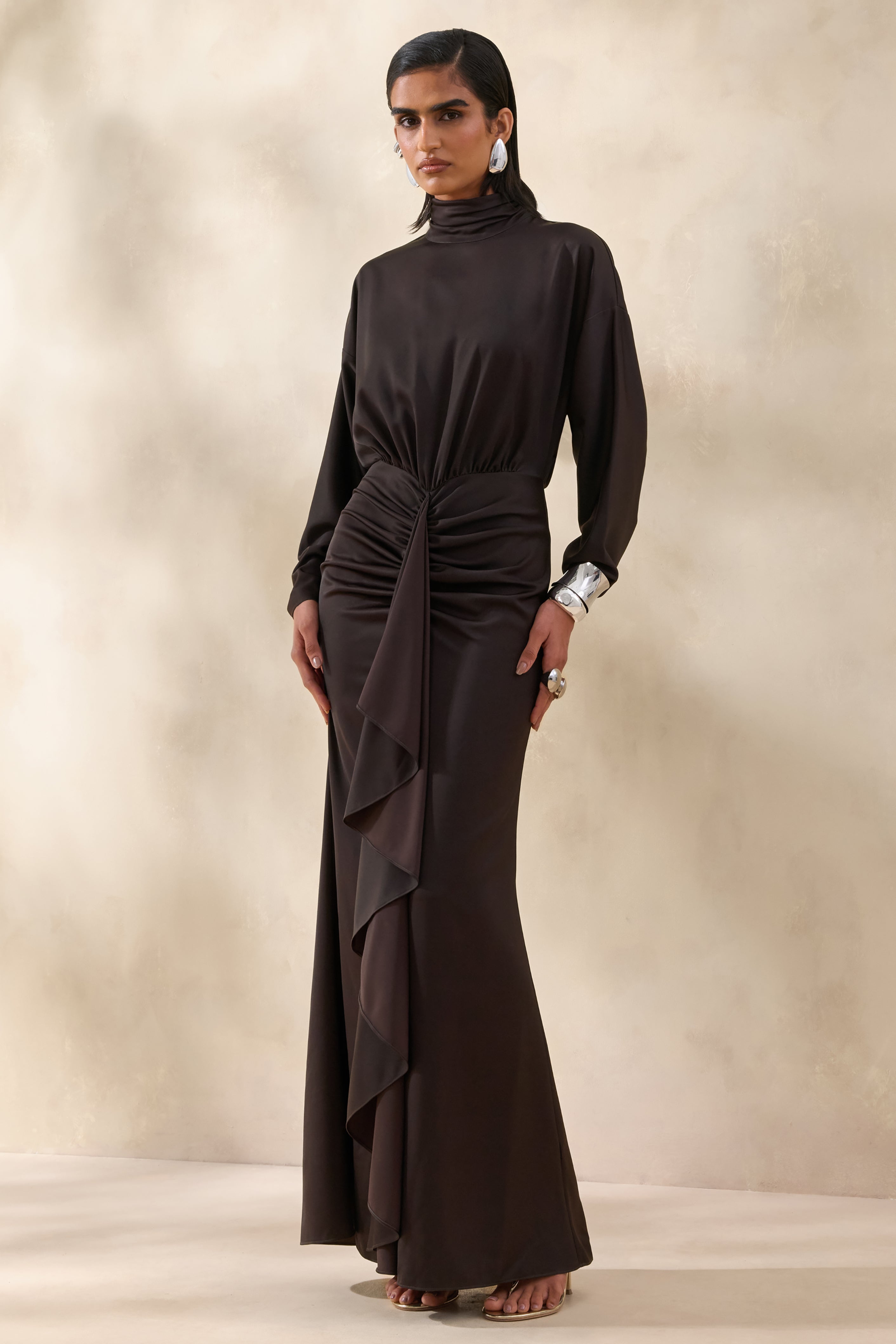 Perla | Dark Brown High-Neck Maxi Dress With Gathered-Detailing