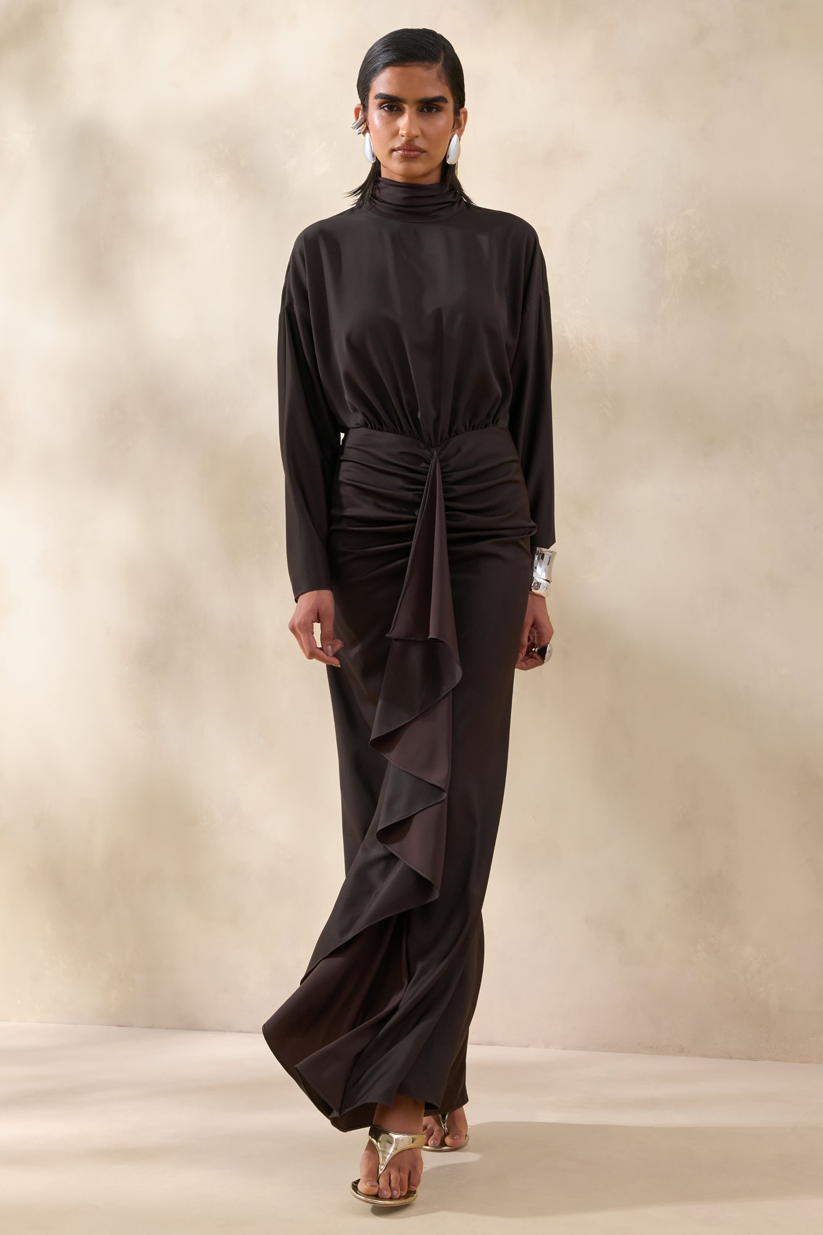 Perla | Dark Brown High-Neck Maxi Dress With Gathered-Detailing