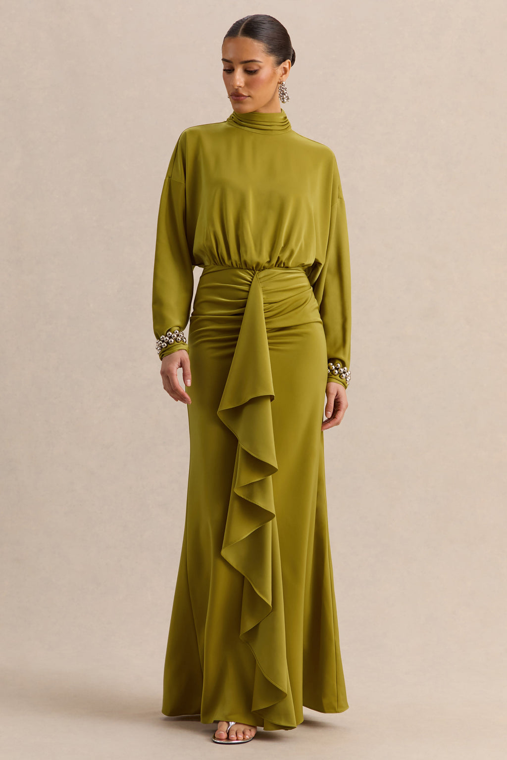 Perla | Olive High-Neck Maxi Dress With Gathered-Detailing