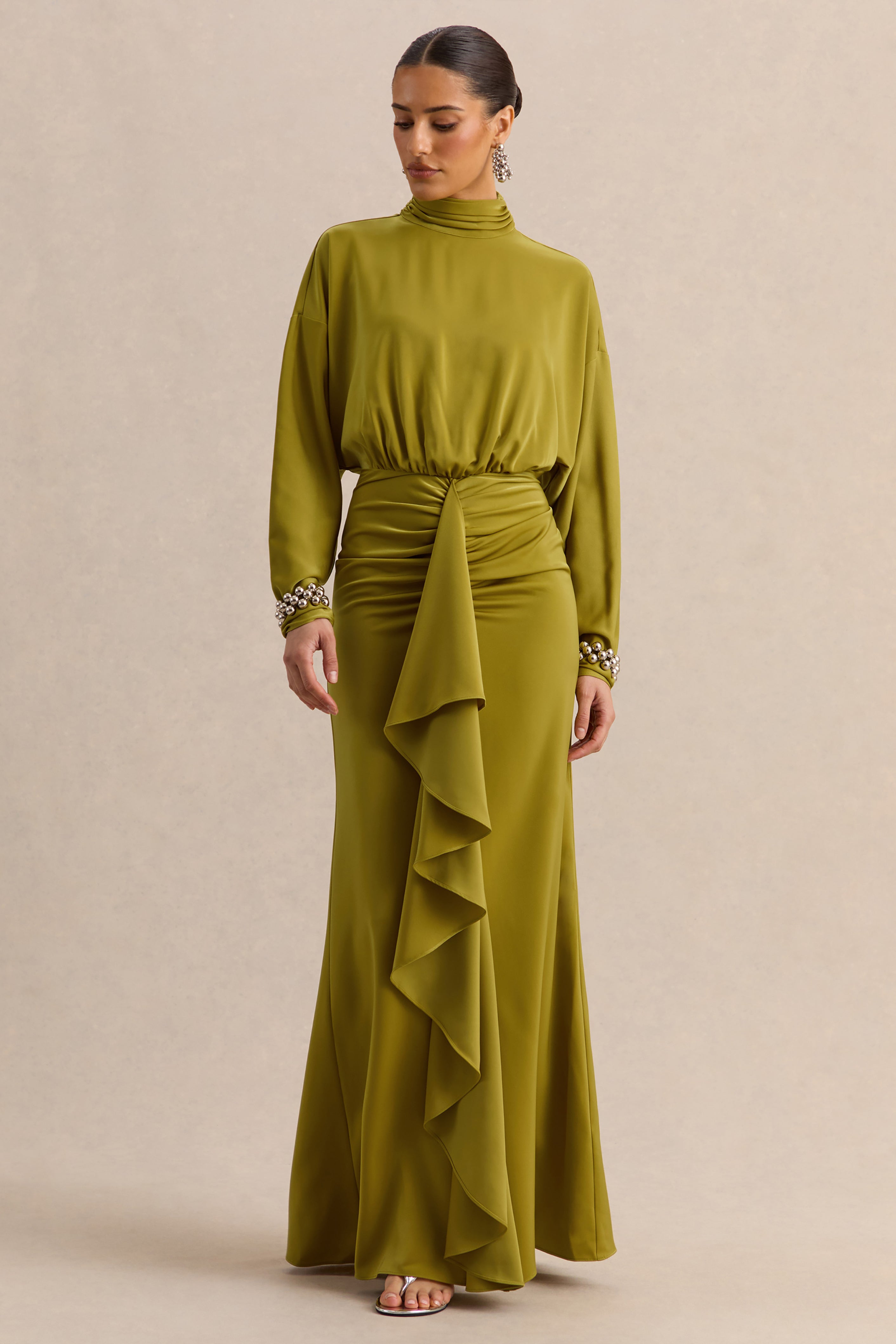 Perla | Olive High-Neck Maxi Dress With Gathered-Detailing