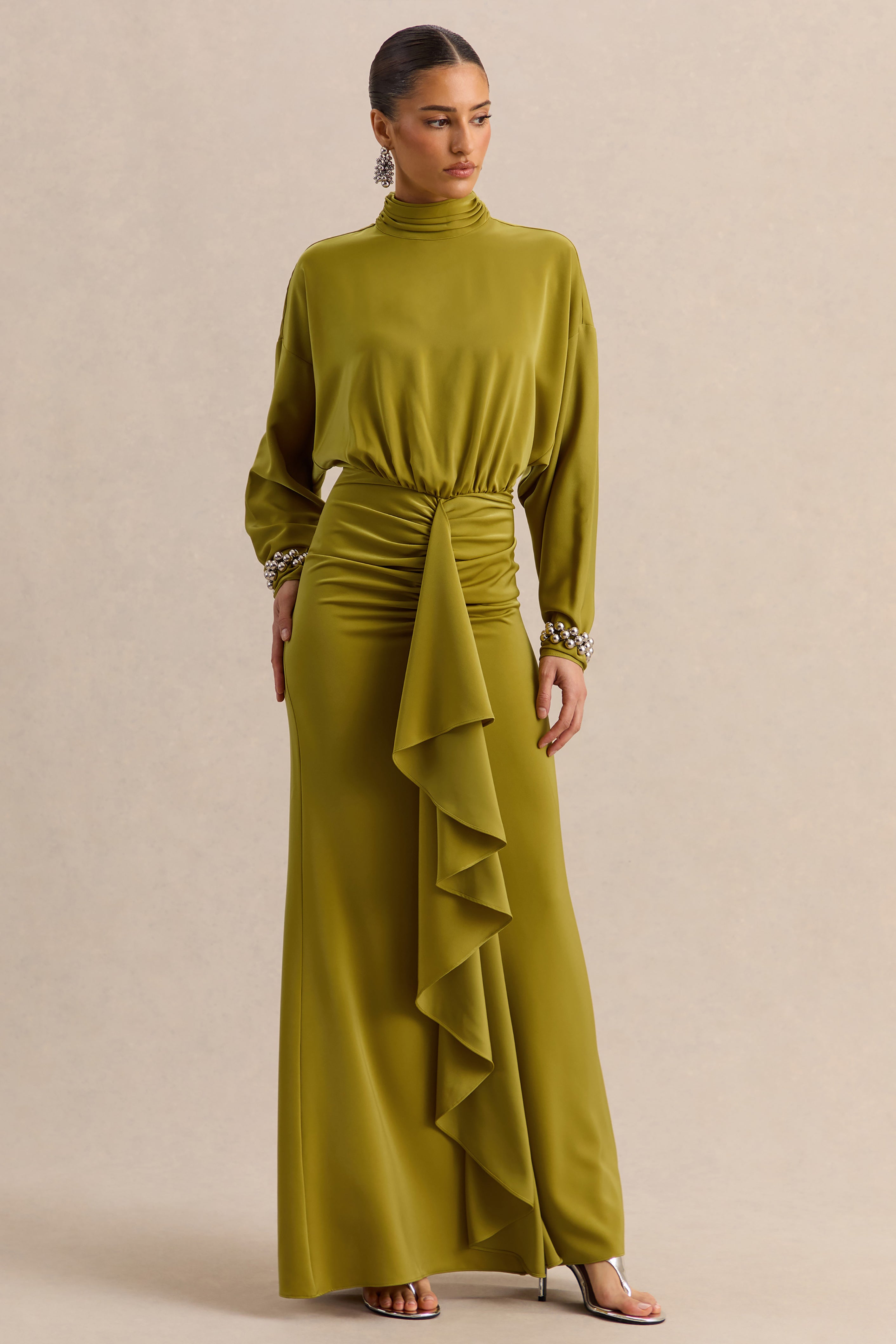 Perla | Olive High-Neck Maxi Dress With Gathered-Detailing