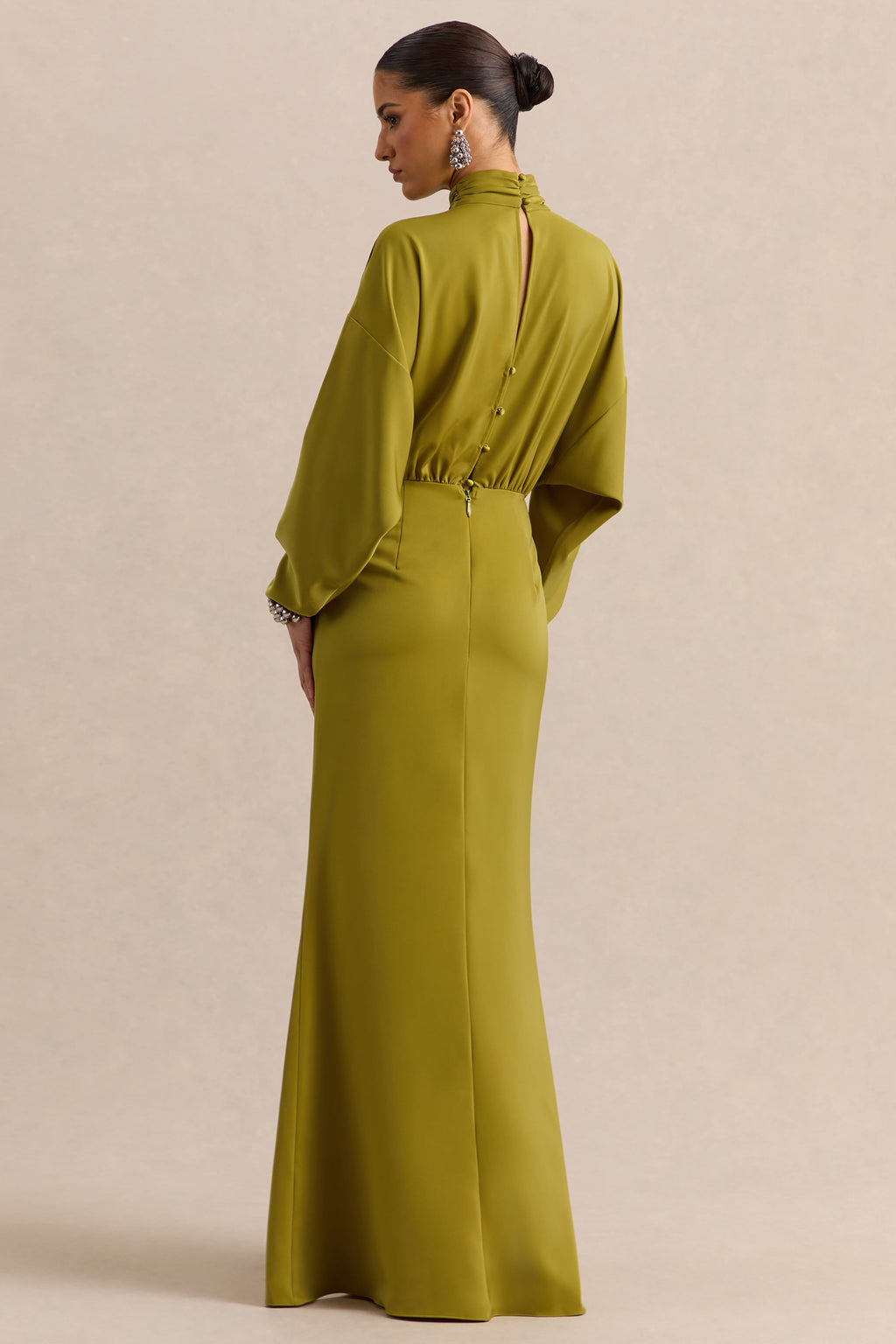 Perla | Olive High-Neck Maxi Dress With Gathered-Detailing