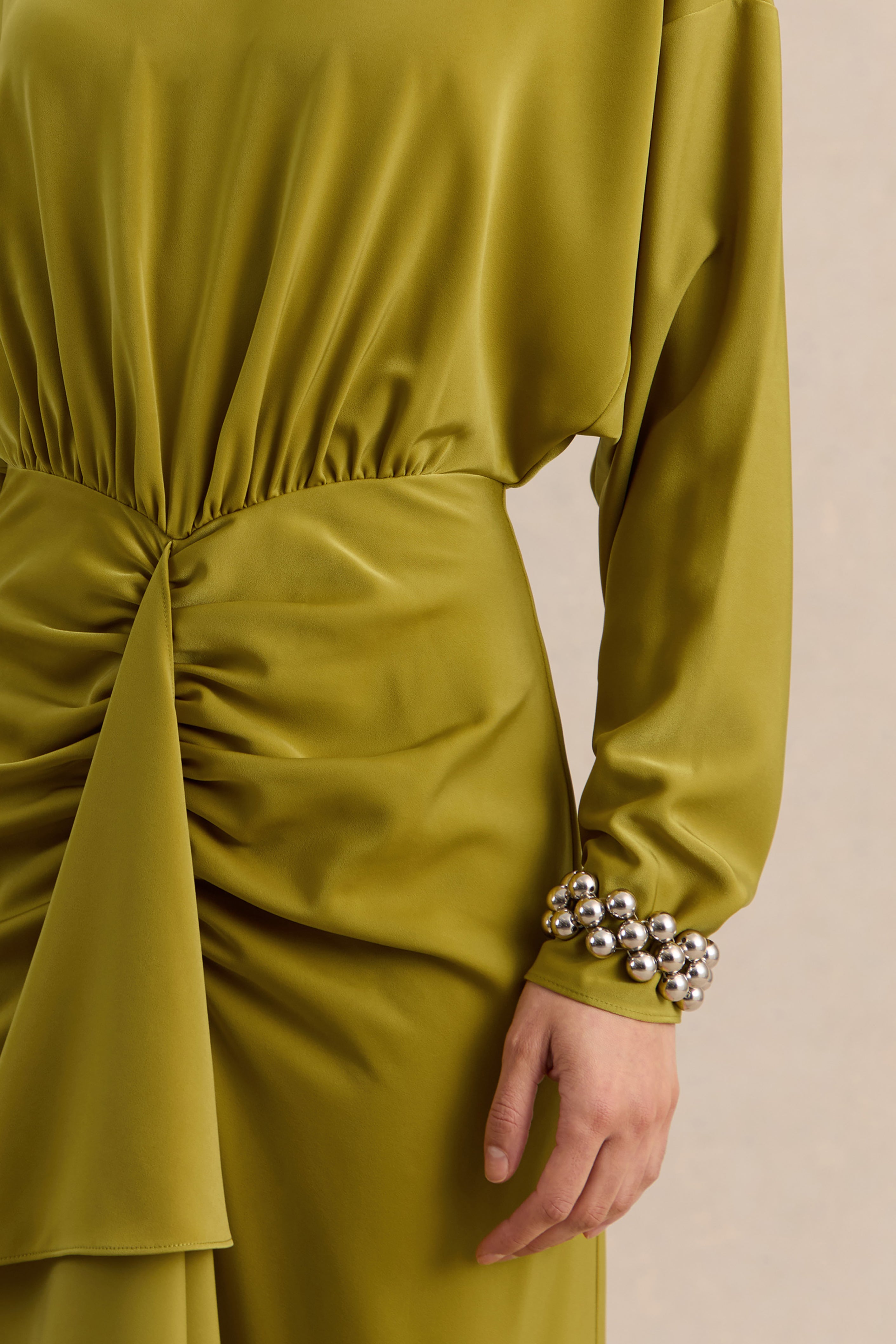 Perla | Olive High-Neck Maxi Dress With Gathered-Detailing